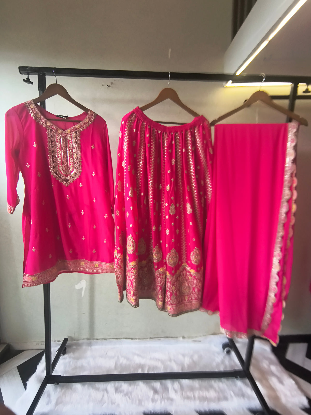Rani Pink Embroidered Kurta Sharara Set with Scalloped Dupatta – Premium 3 Piece Festive Ensemble