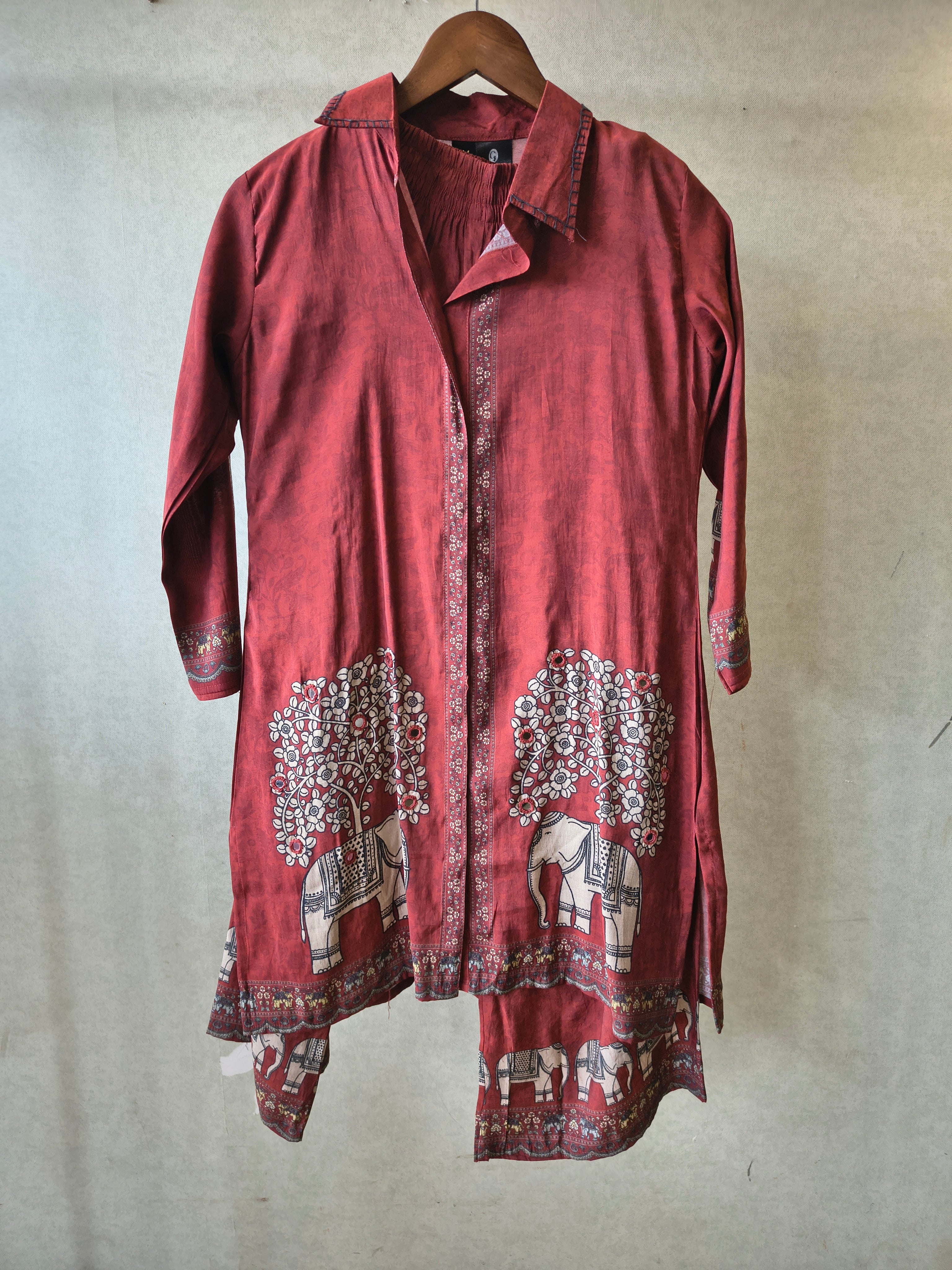 Image of Rust Red Elephant Print Designer Co-Ord Set with Asymmetrical Hem
