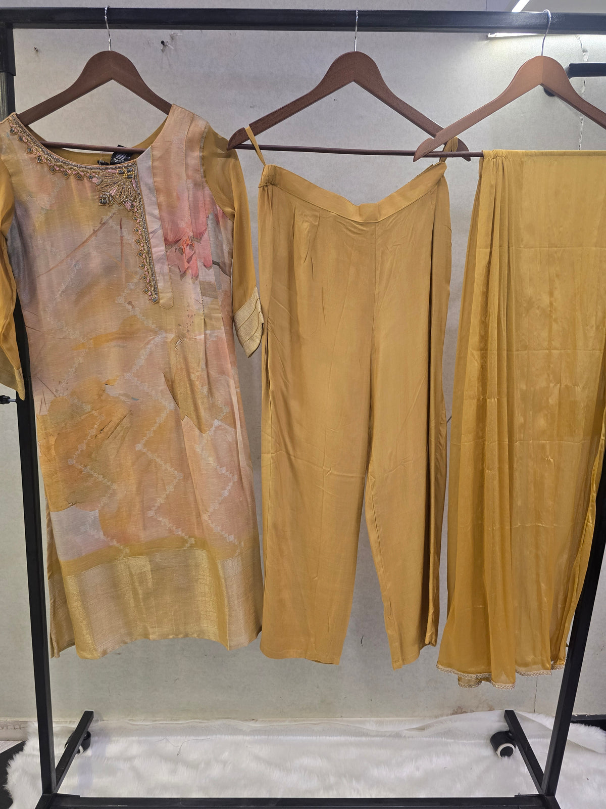 Mustard Abstract Printed Designer Kurta Set with Chiffon Dupatta | Premium 3 Piece Ethnic Suit