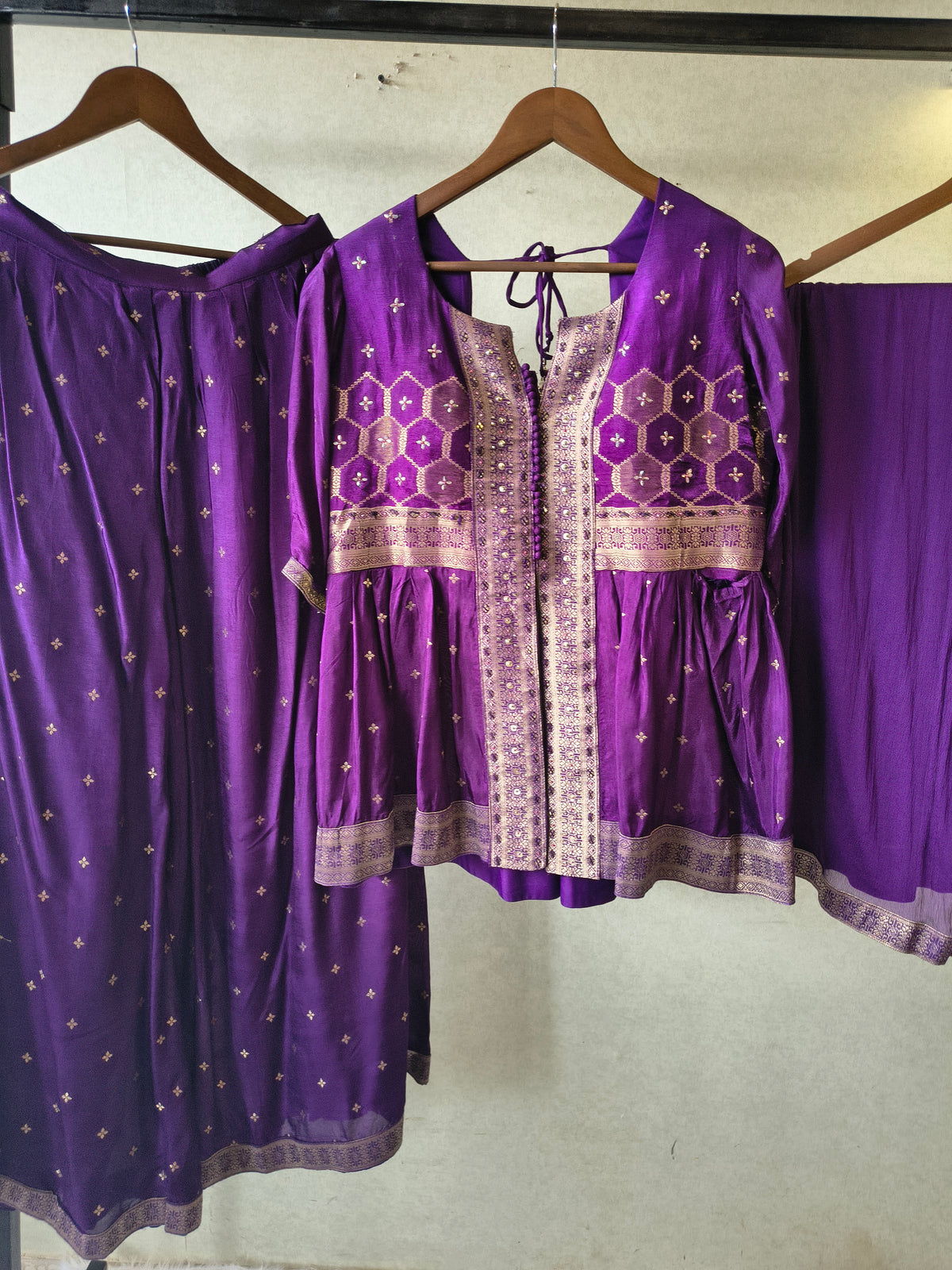 Royal Purple Tissue Silk Embroidered Peplum Jacket with Flared Palazzo & Designer Dupatta – 3 Piece Festive Indo-Western Set
