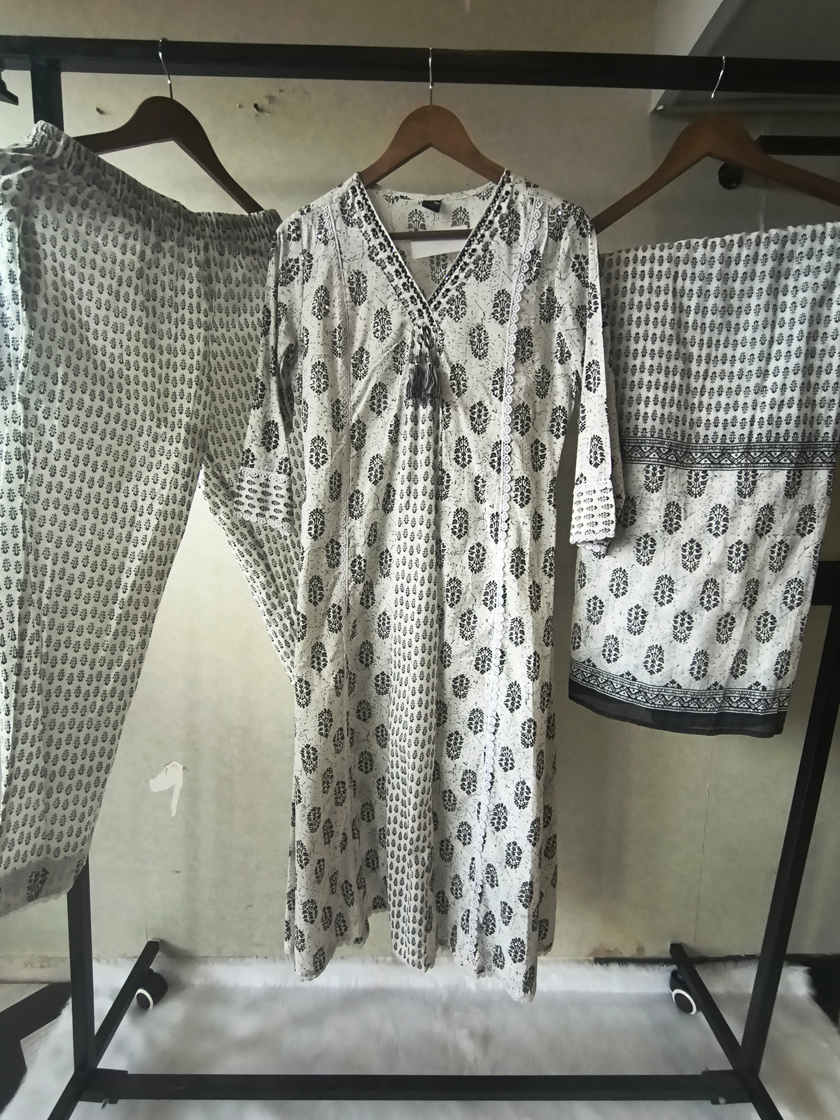 Premium Black & White Hand Block Printed Cotton Anarkali Kurta Set with Printed Pants & Dupatta