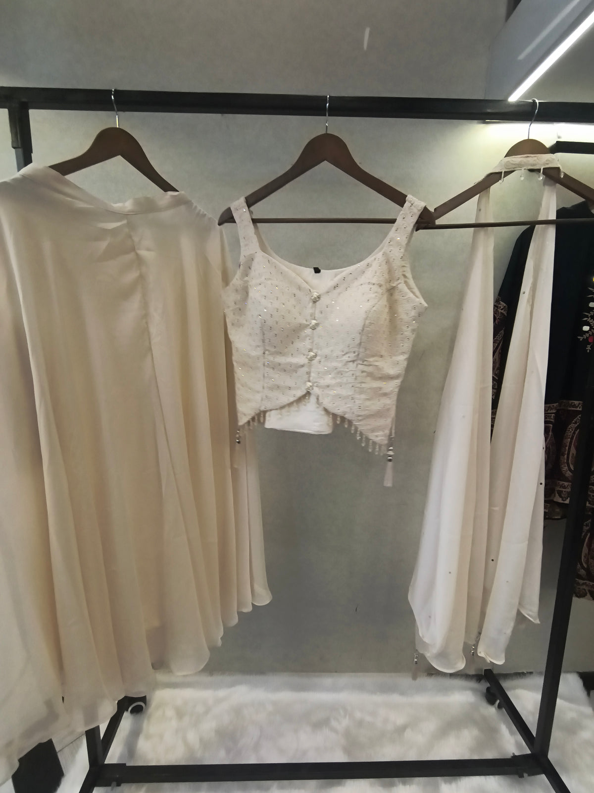 Ivory Embroidered Designer Blouse with Flared Palazzo & Choker Dupatta – 3 Piece Indo-Western Festive Set