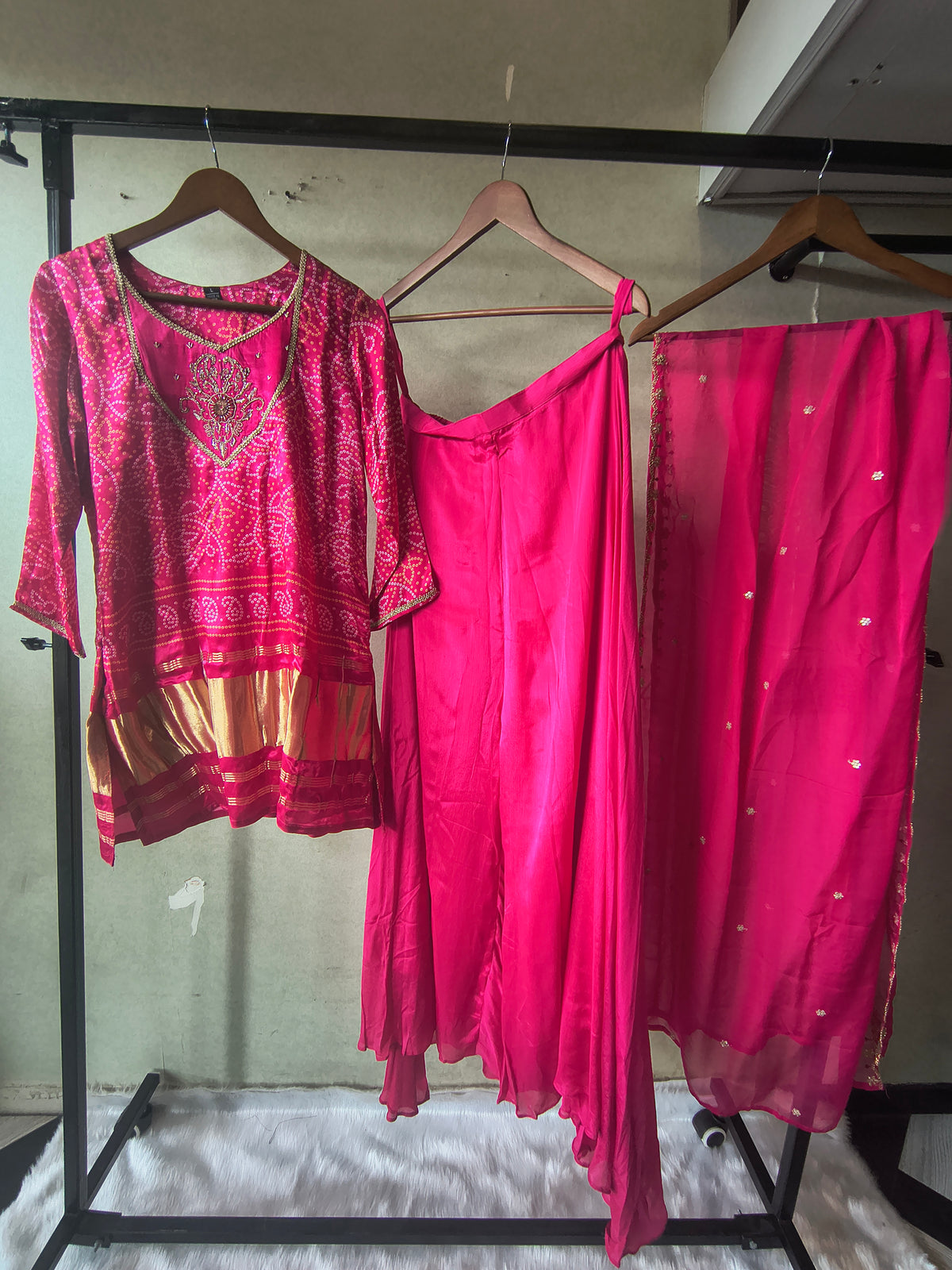 Rani Pink Bandhani Sharara Set with Zari Border & Embroidered Dupatta – Premium 3 Piece Festive Ensemble