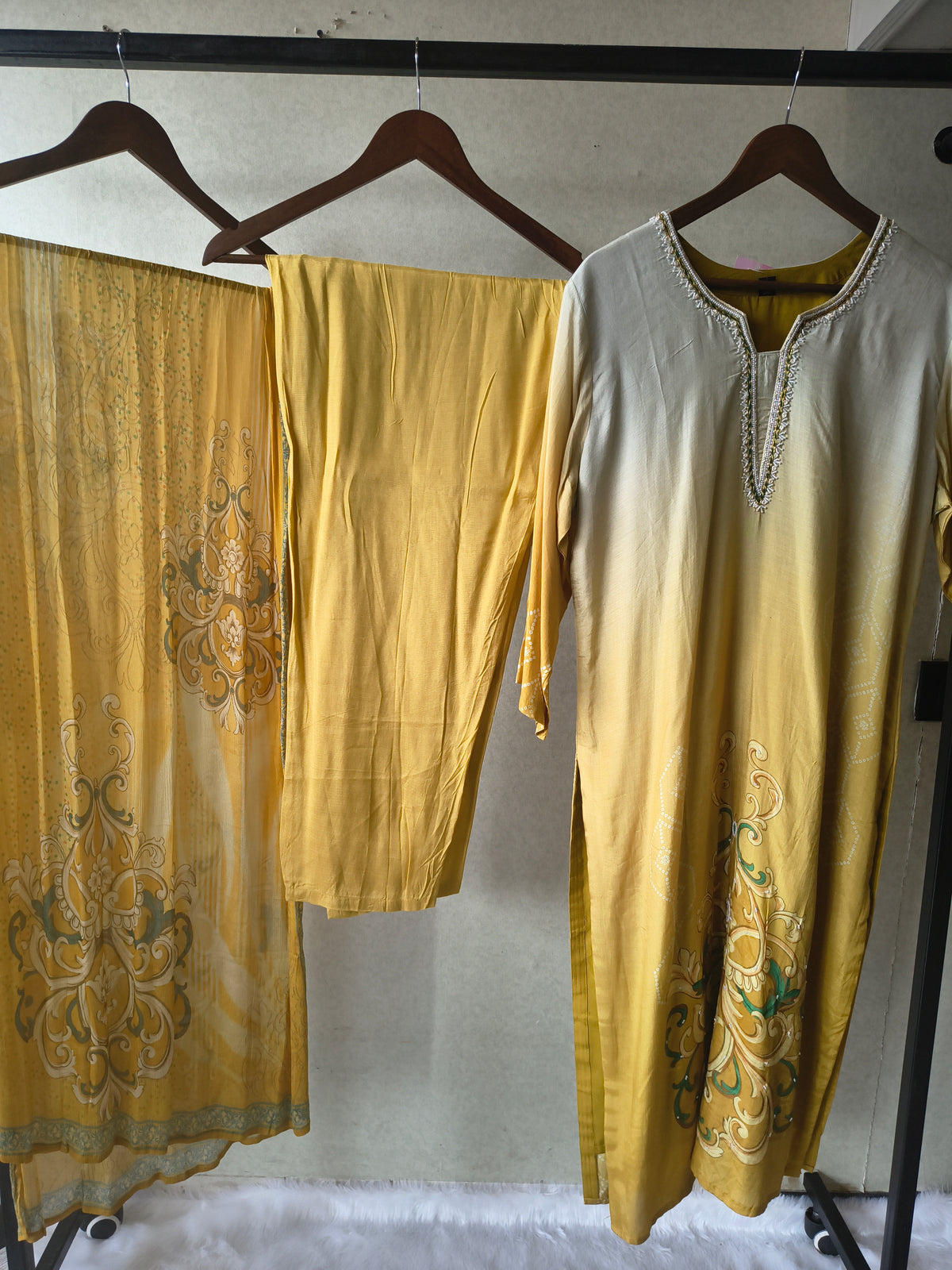 Premium Mustard Yellow Ornamental Print Straight Kurta Set with Designer Dupatta & Straight Pants