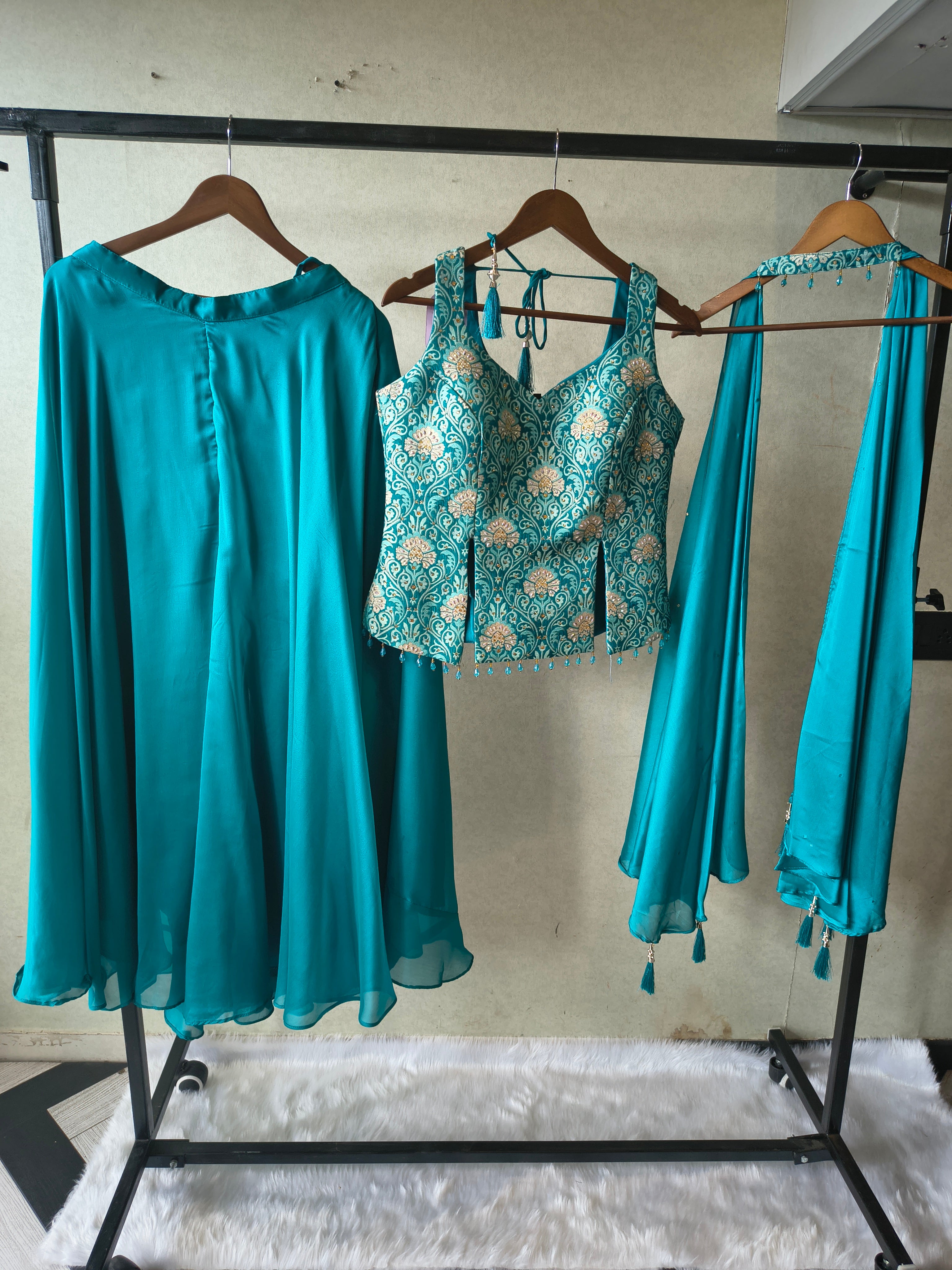 Image of Premium Turquoise Blue 3-Piece Designer Lehenga Set with Brocade Embroidered Blouse & Tassel Dupatta