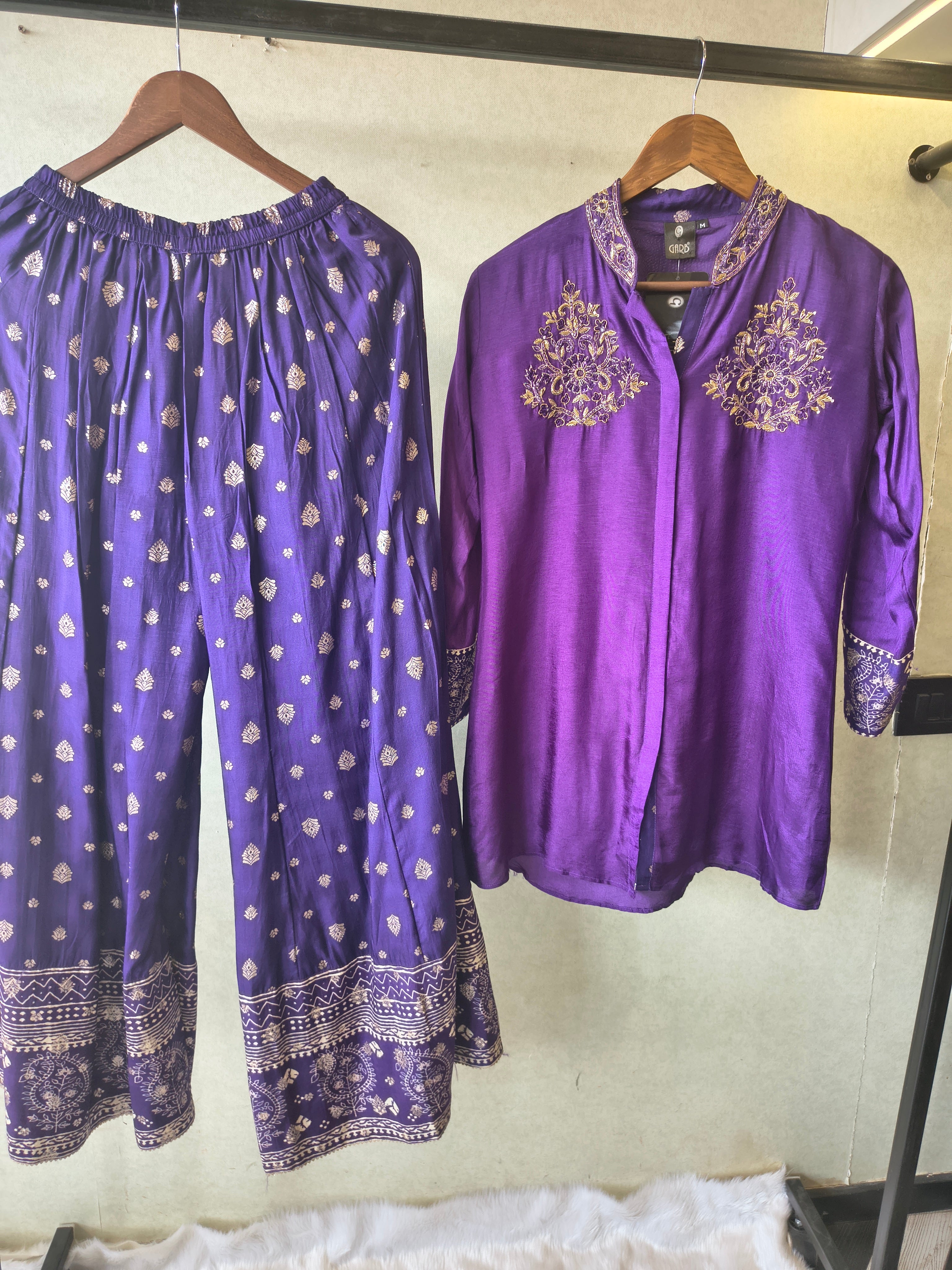 Image of Royal Purple Designer Embroidered Co-Ord Set with Printed Palazzo