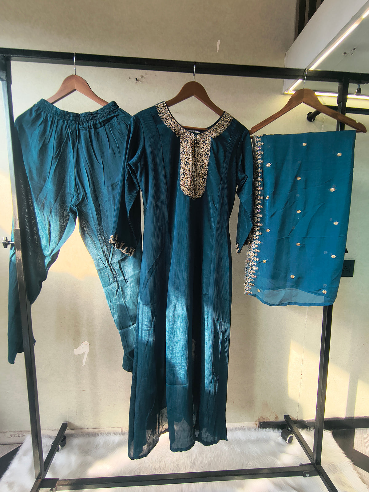 Premium Teal Blue Embroidered Straight Kurta with Salwar Pants & Embellished Dupatta Set