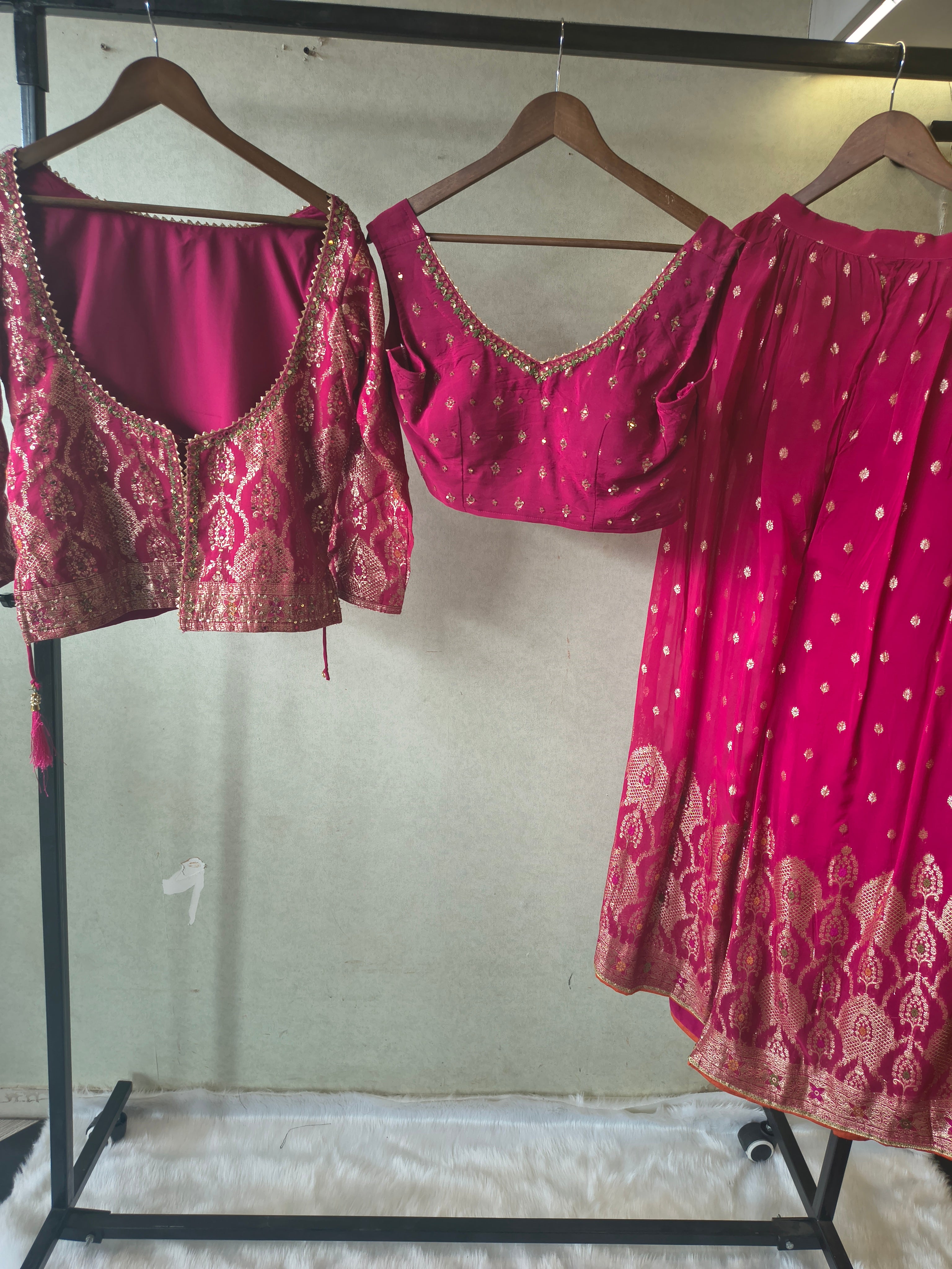 Image of Rani Pink Banarasi Lehenga Set with Dual Designer Blouses – Woven Festive Wedding Ensemble