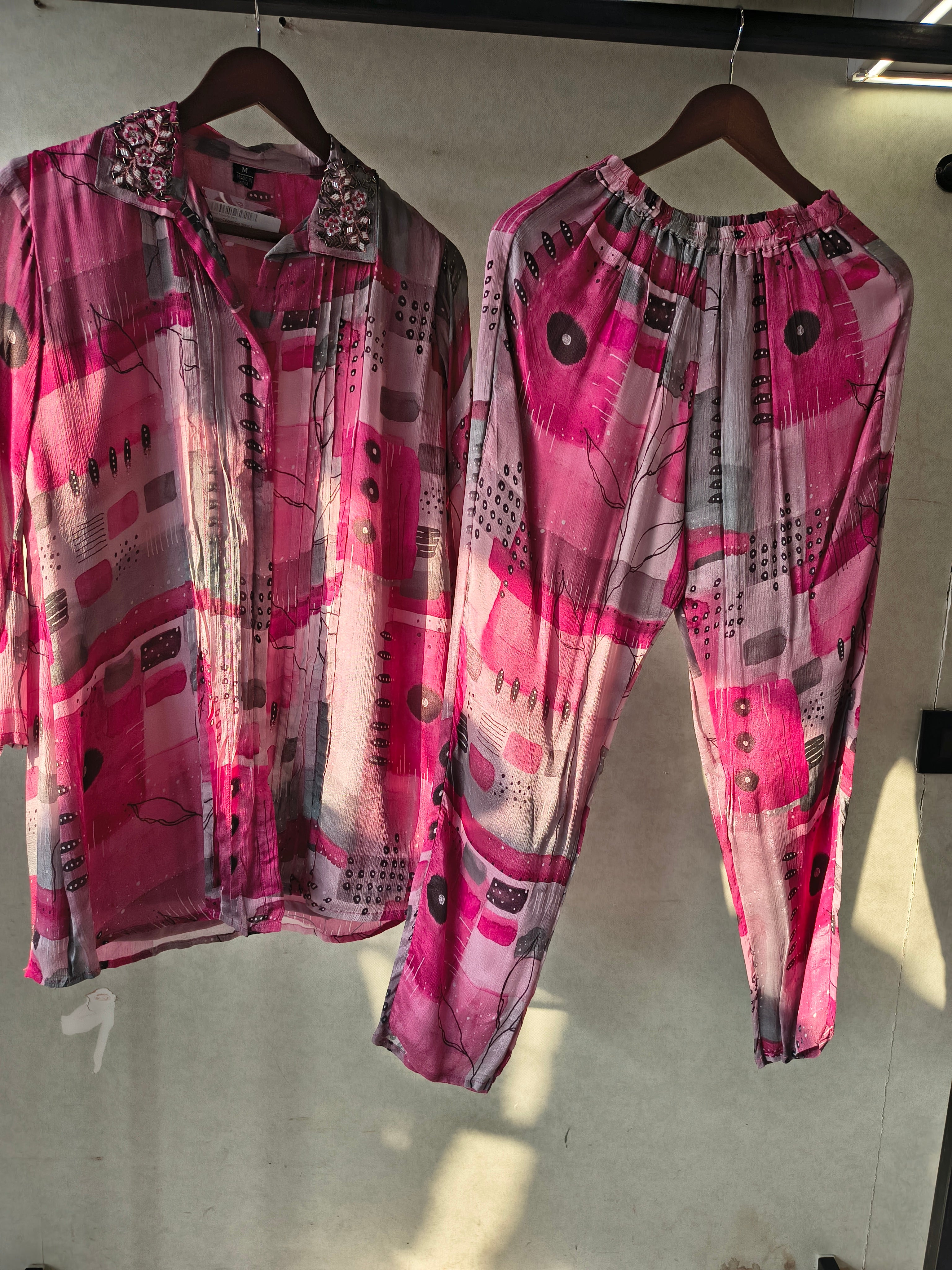 Image of Premium Embellished Abstract Printed Oversized Shirt Co-Ord Set with Tapered Pants