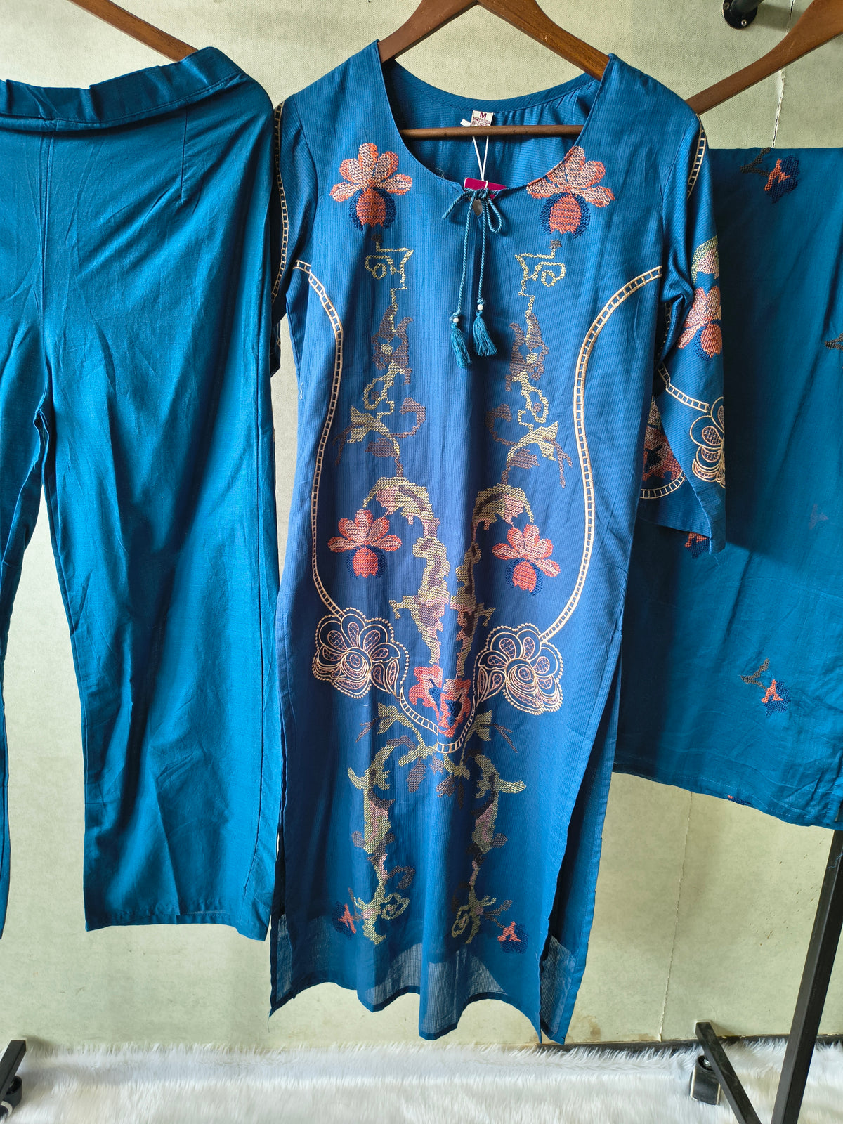 Teal Blue Cotton 3-Piece Suit Set with Floral Vine Embroidery & Embroidered Dupatta