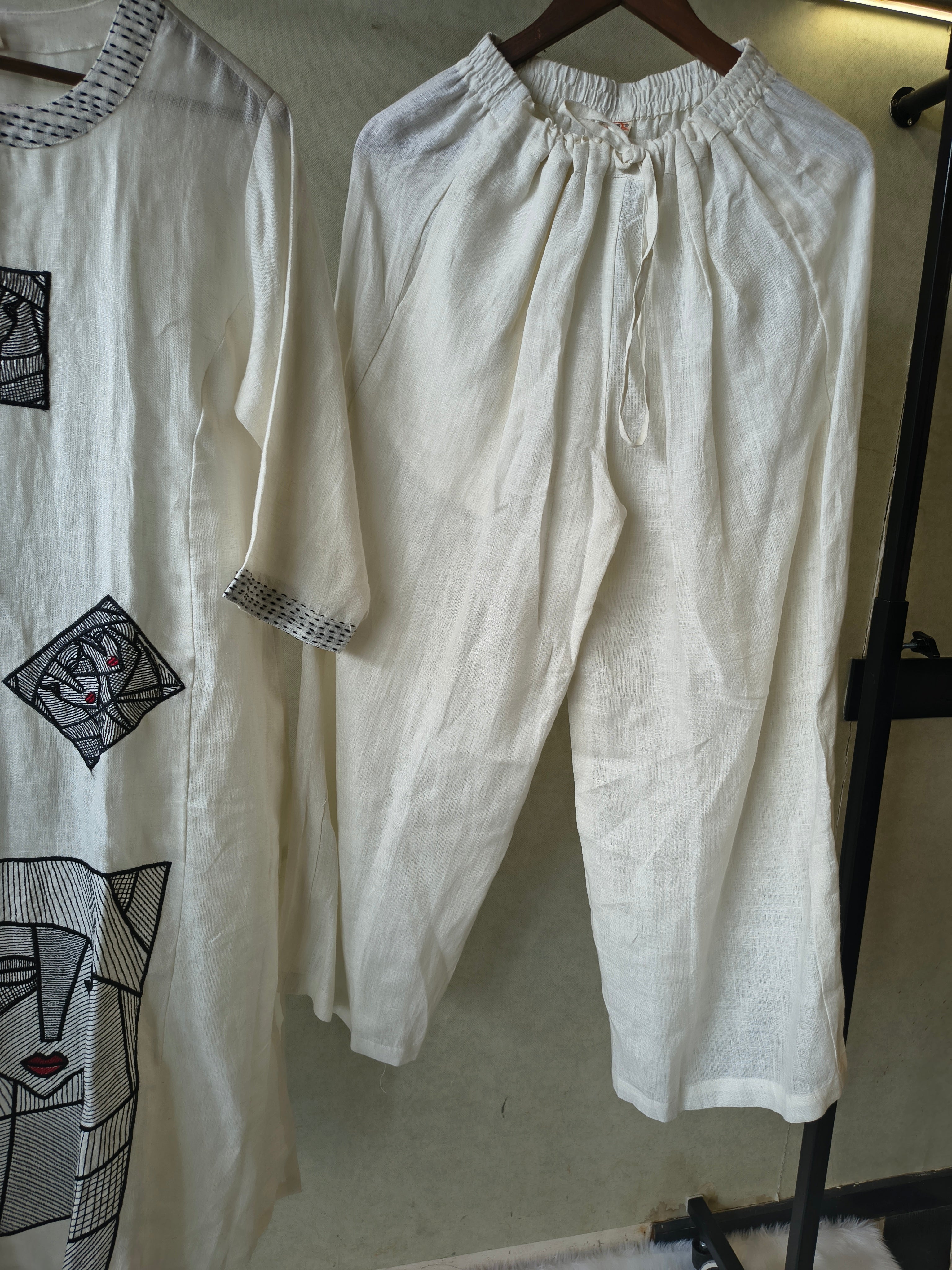 Image of Premium Off-White Artistic Abstract Embroidered Cotton Kurta with Straight Pants Set