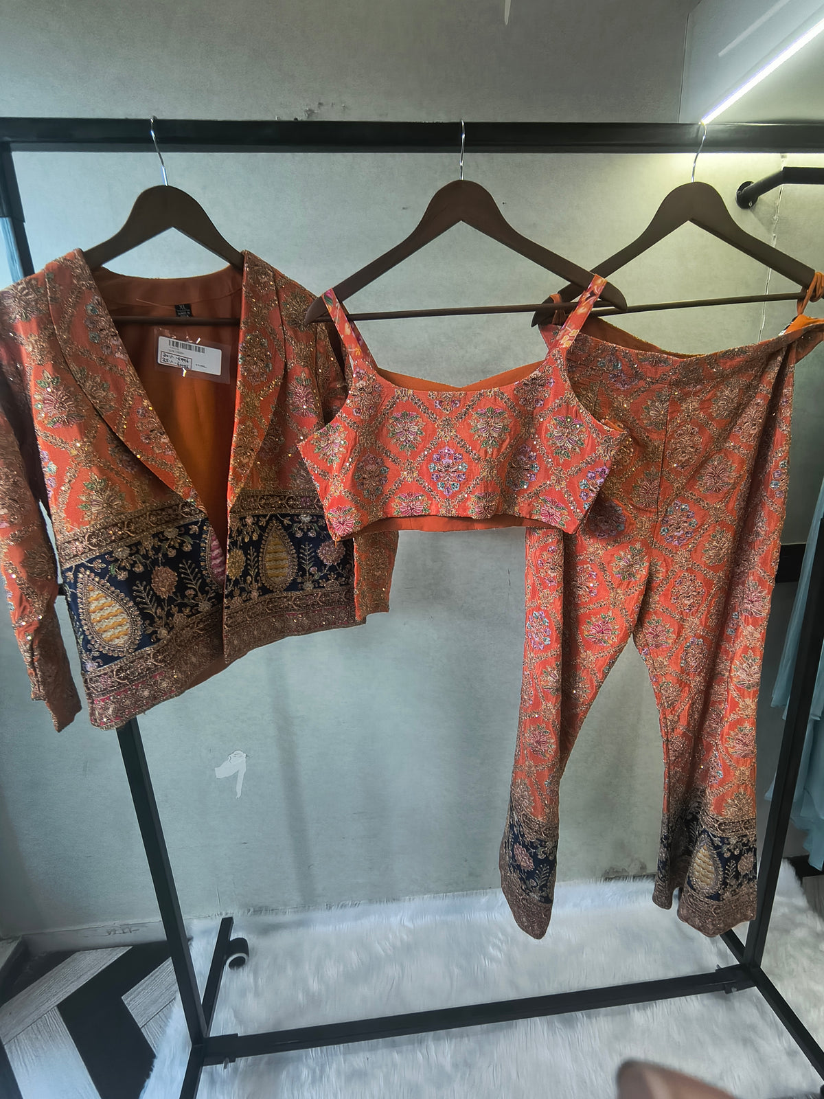 Luxury Coral Brocade Bralette with Embroidered Jacket & Designer Brocade Pants – 3 Piece Indo-Western Co-Ord Set