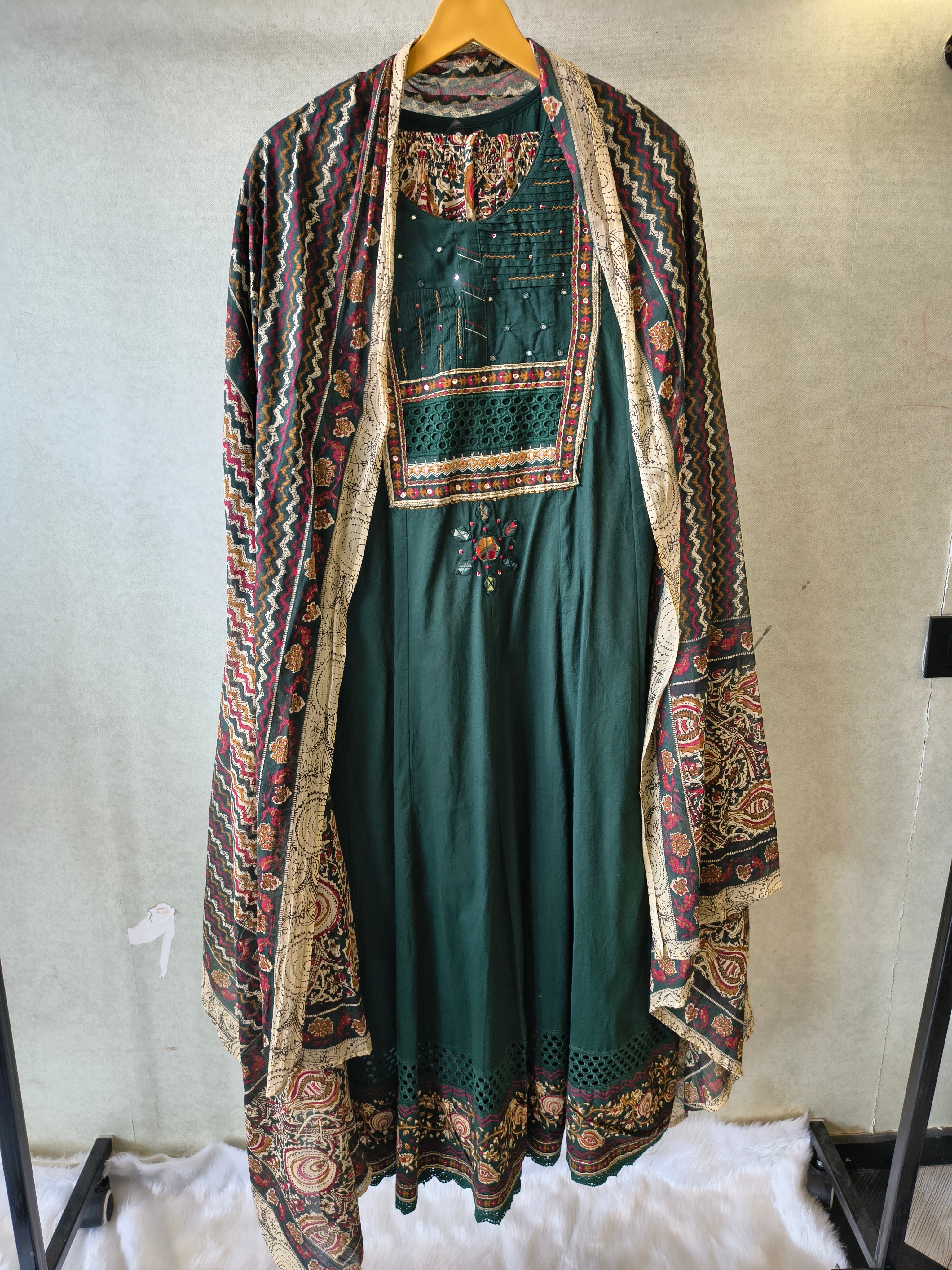 Image of Emerald Green Embroidered Three-Piece Kurta Set with Printed Pant & Designer Dupatta