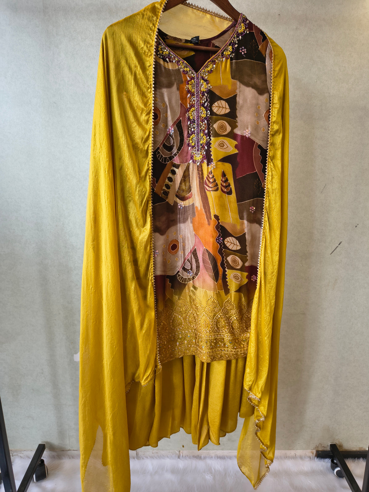 Premium Mustard Abstract Printed Kurta with Sharara & Dupatta Set
