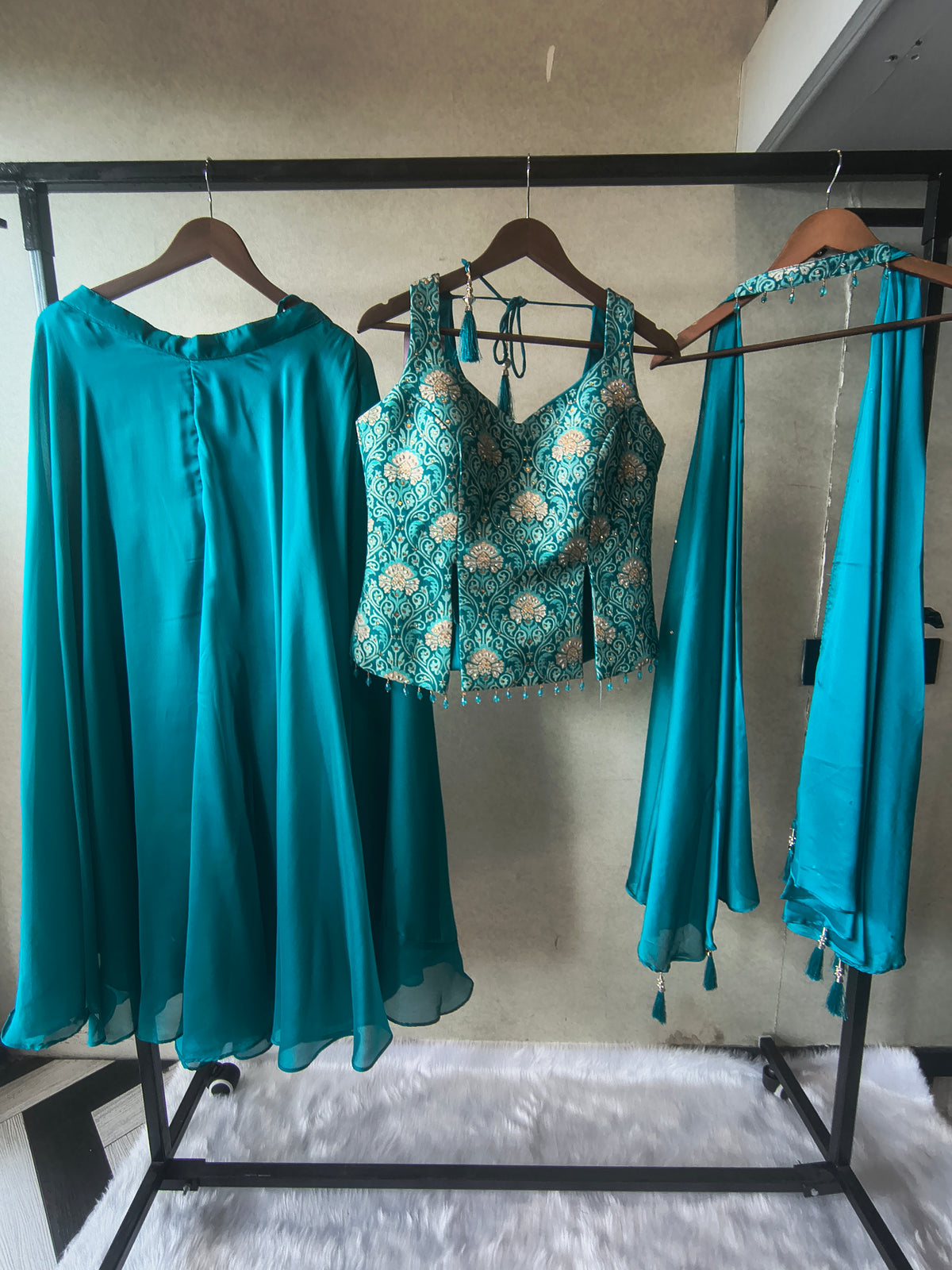 Premium Turquoise Blue 3-Piece Designer Lehenga Set with Brocade Embroidered Blouse & Tassel Dupatta