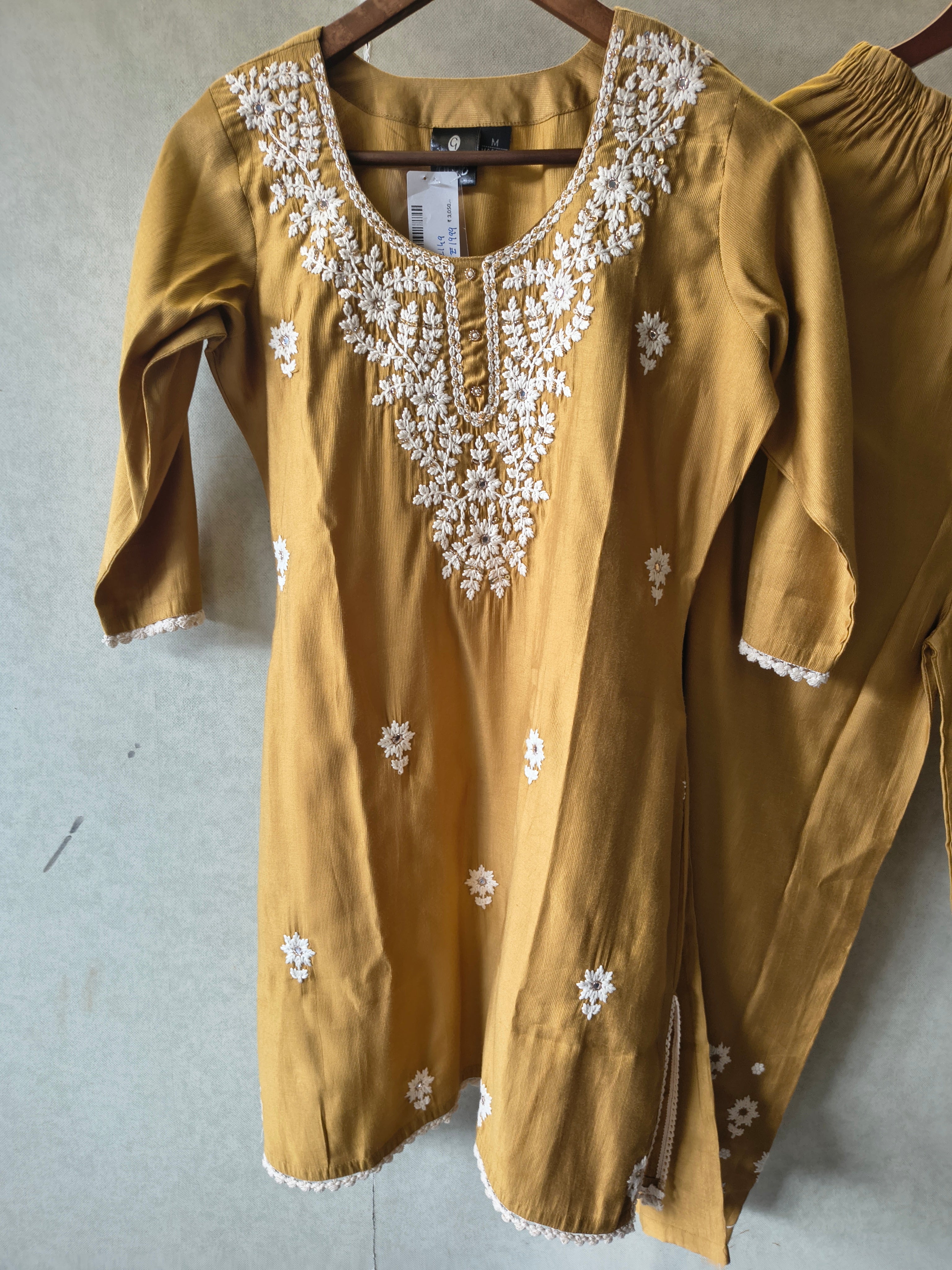 Image of Mustard Yellow White Embroidered Premium Kurta Pant Co-Ord Set