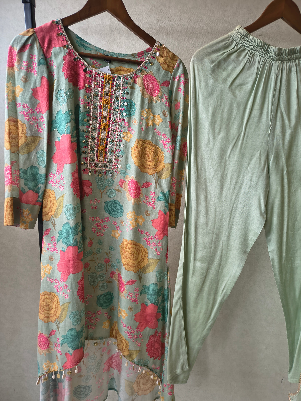 Premium Mint Green Floral Printed Kurta Set with Embellished Neckline & Dupatta