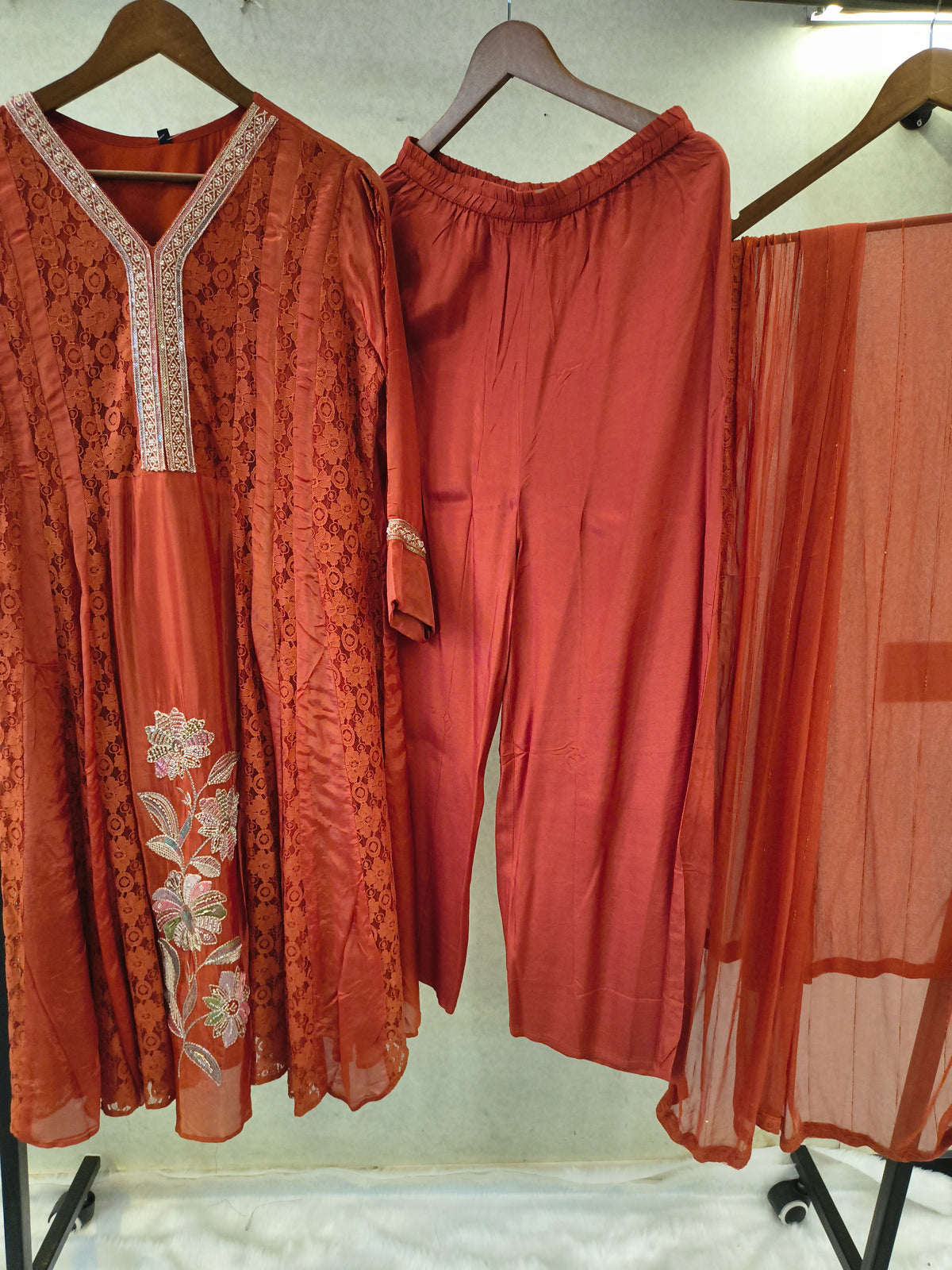 Rust Brown Designer Lace Panel Anarkali Kurta Set with Embroidered Floral Motif & Sheer Dupatta | Premium 3 Piece Festive Ensemble