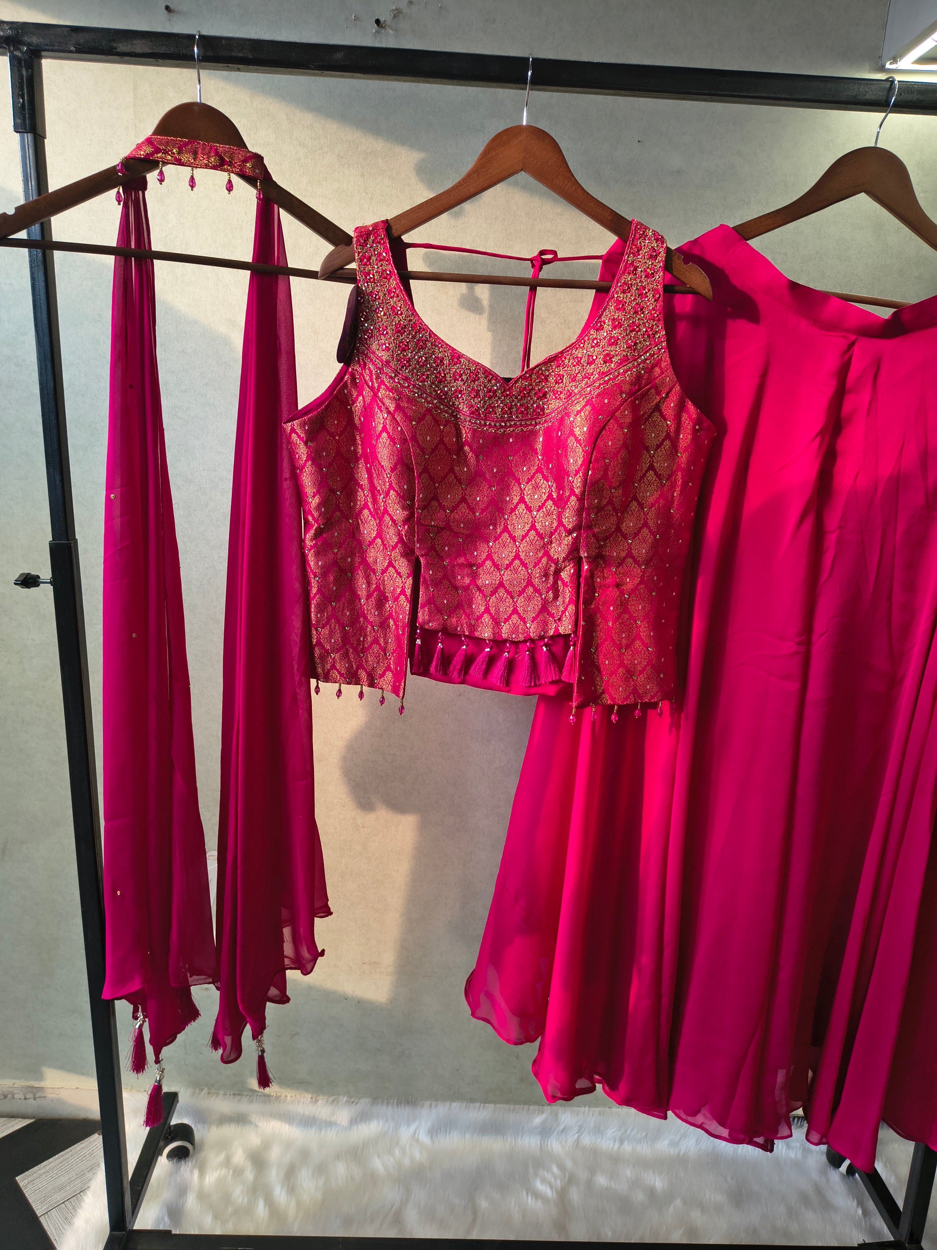 Image of Luxury Rani Pink Brocade Blouse with Flared Palazzo & Embellished Choker Dupatta – 3 Piece Designer Indo-Western Set