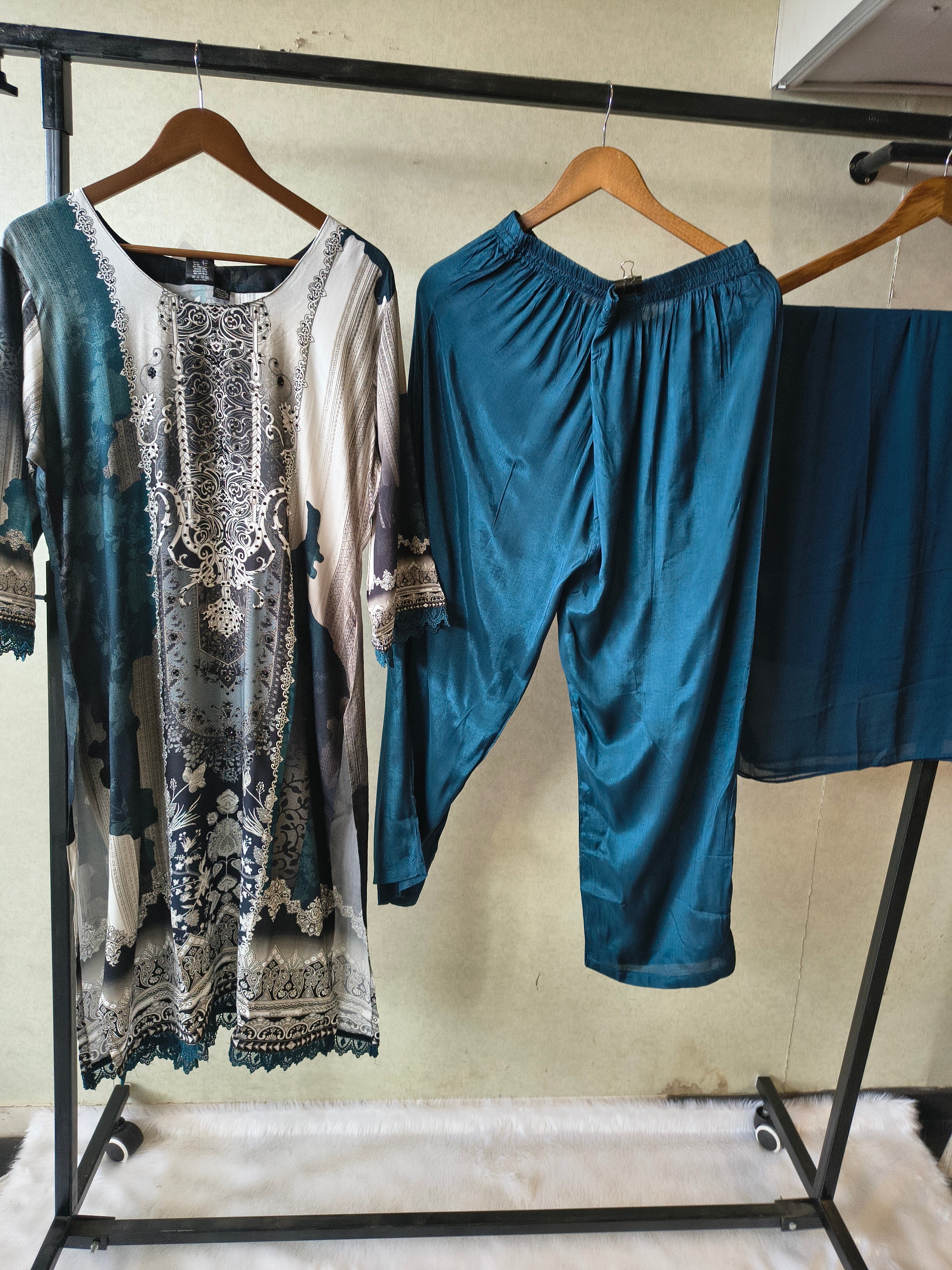 Image of Premium Teal Blue Digital Printed Kurta Set with Solid Pants & Chiffon Dupatta