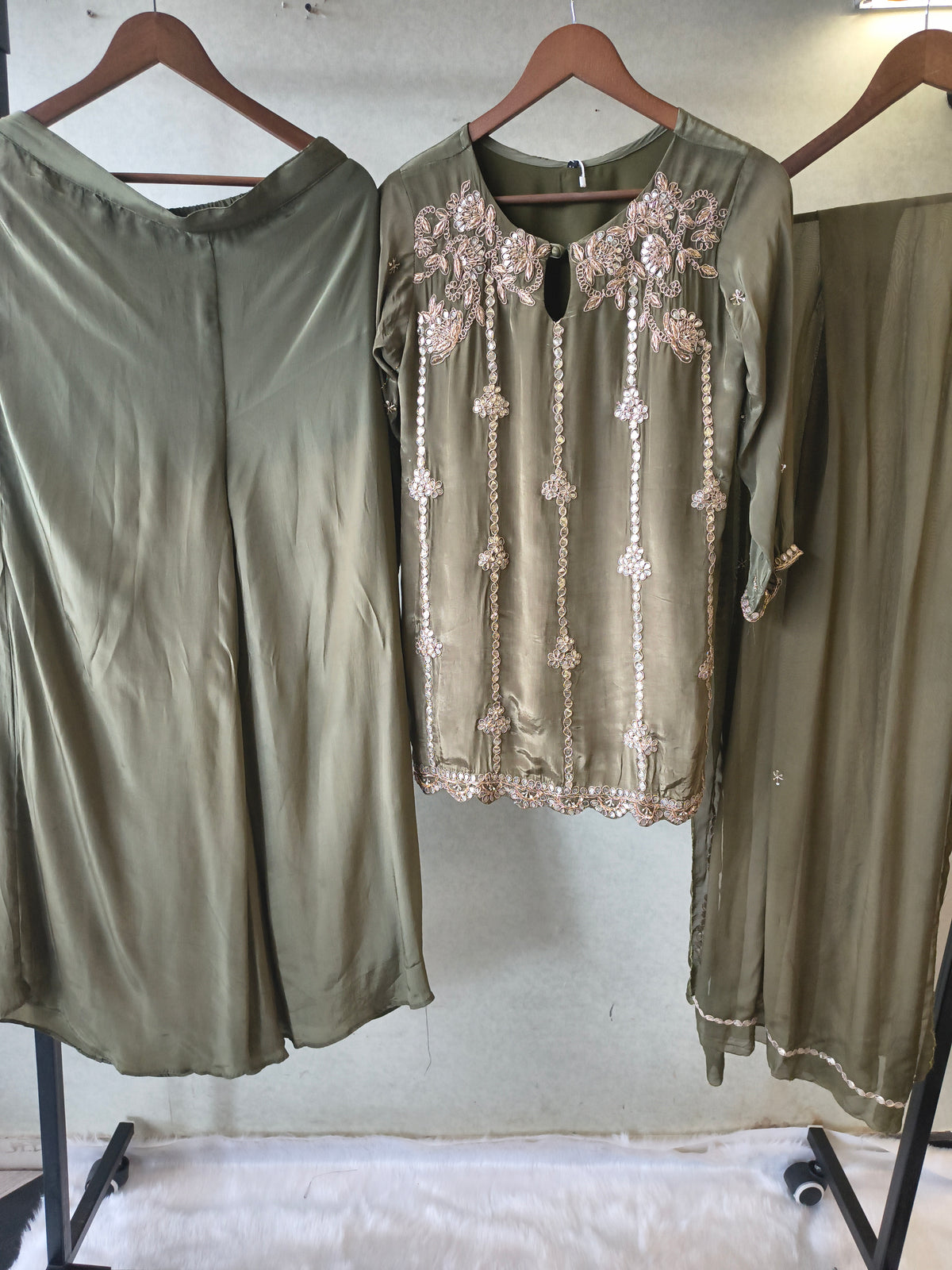 Olive Green Pearl & Mirror Embroidered Kurta Set with Flared Palazzo & Organza Dupatta – Designer 3 Piece Festive Ensemble