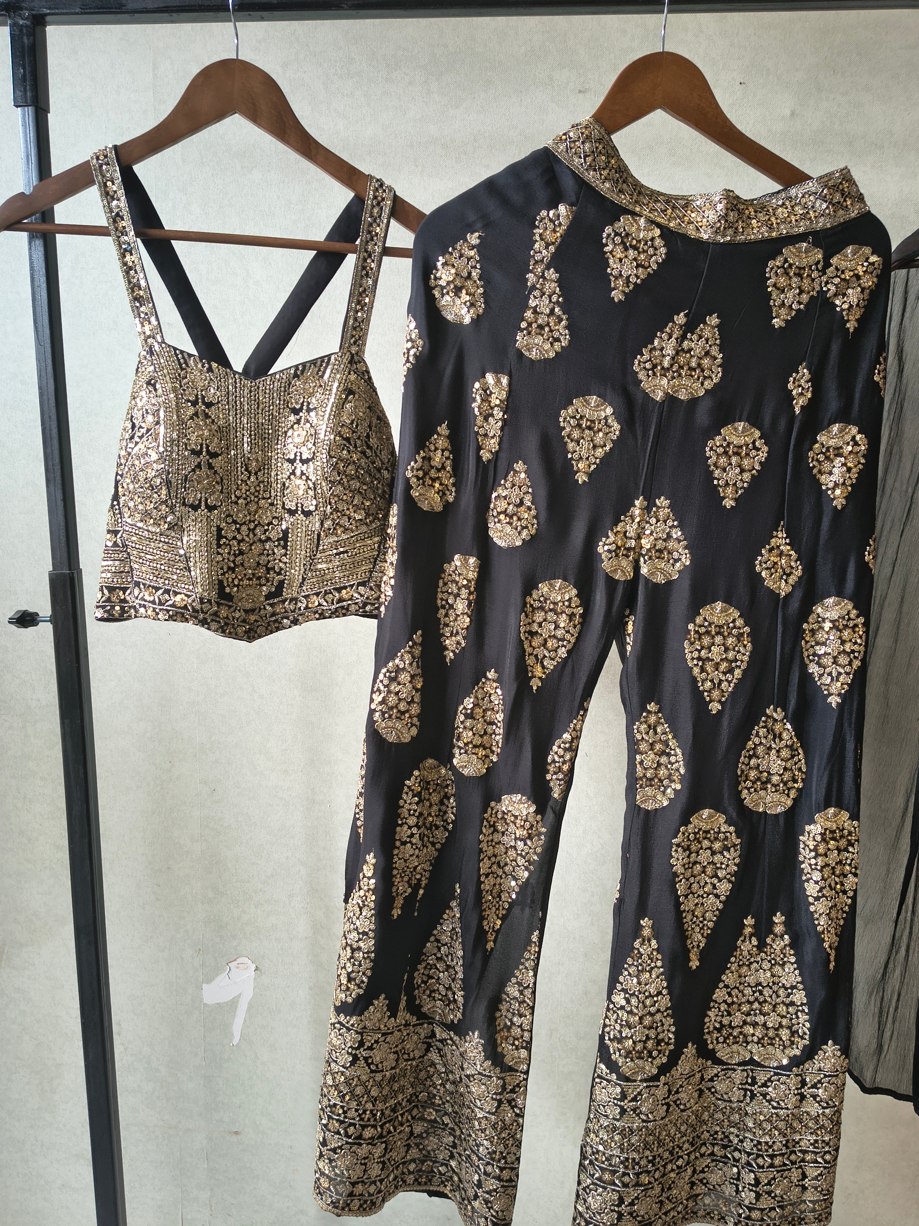 Image of Luxury Black Hand-Embroidered Bustier & Palazzo Set with Embellished Net Dupatta – 3 Piece Designer Ensemble