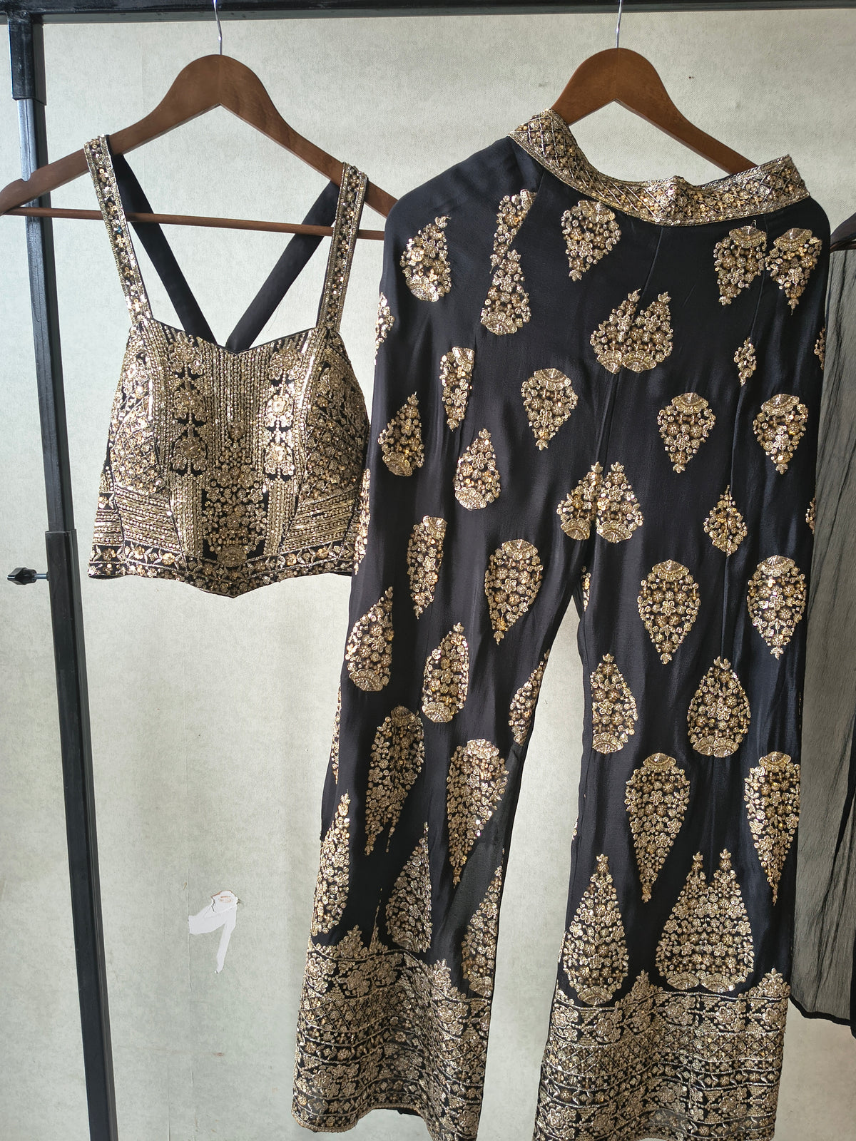 Luxury Black Hand-Embroidered Bustier & Palazzo Set with Embellished Net Dupatta – 3 Piece Designer Ensemble