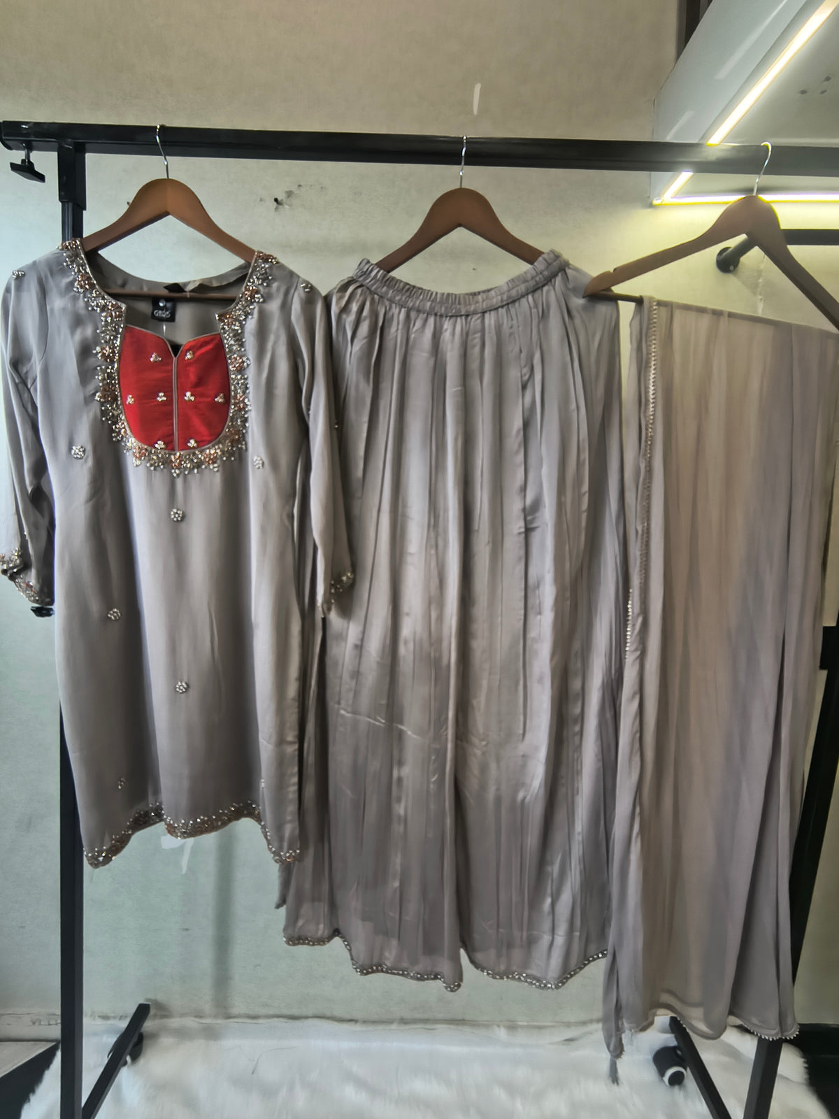 Pearl Grey Embellished Straight Kurta Set with Handcrafted Neckline, Wide Palazzo & Chiffon Dupatta | Premium 3 Piece Festive Ensemble