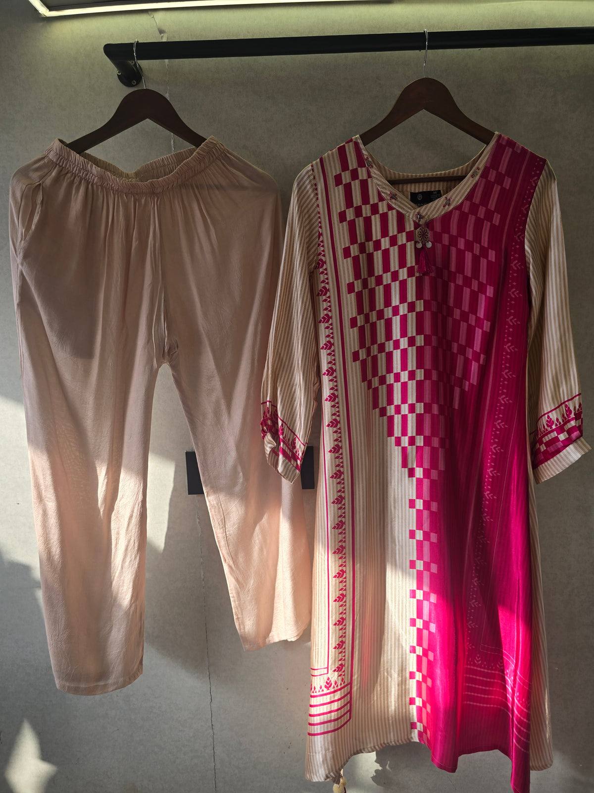 Fuchsia Panel Print Kurta Pant Set