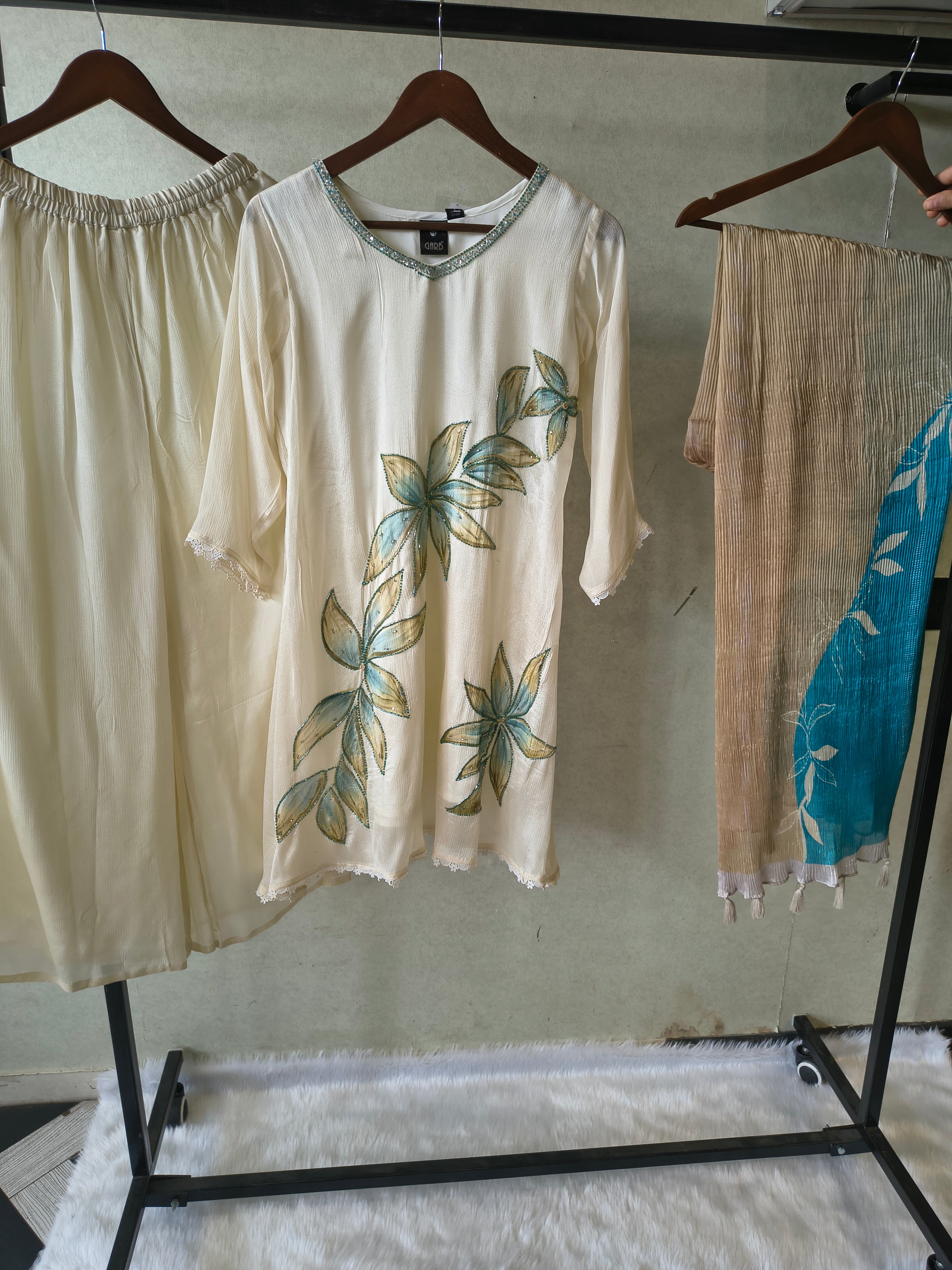 Image of Ivory Floral Hand-Painted Three-Piece Kurta Set with Palazzo & Ombre Dupatta