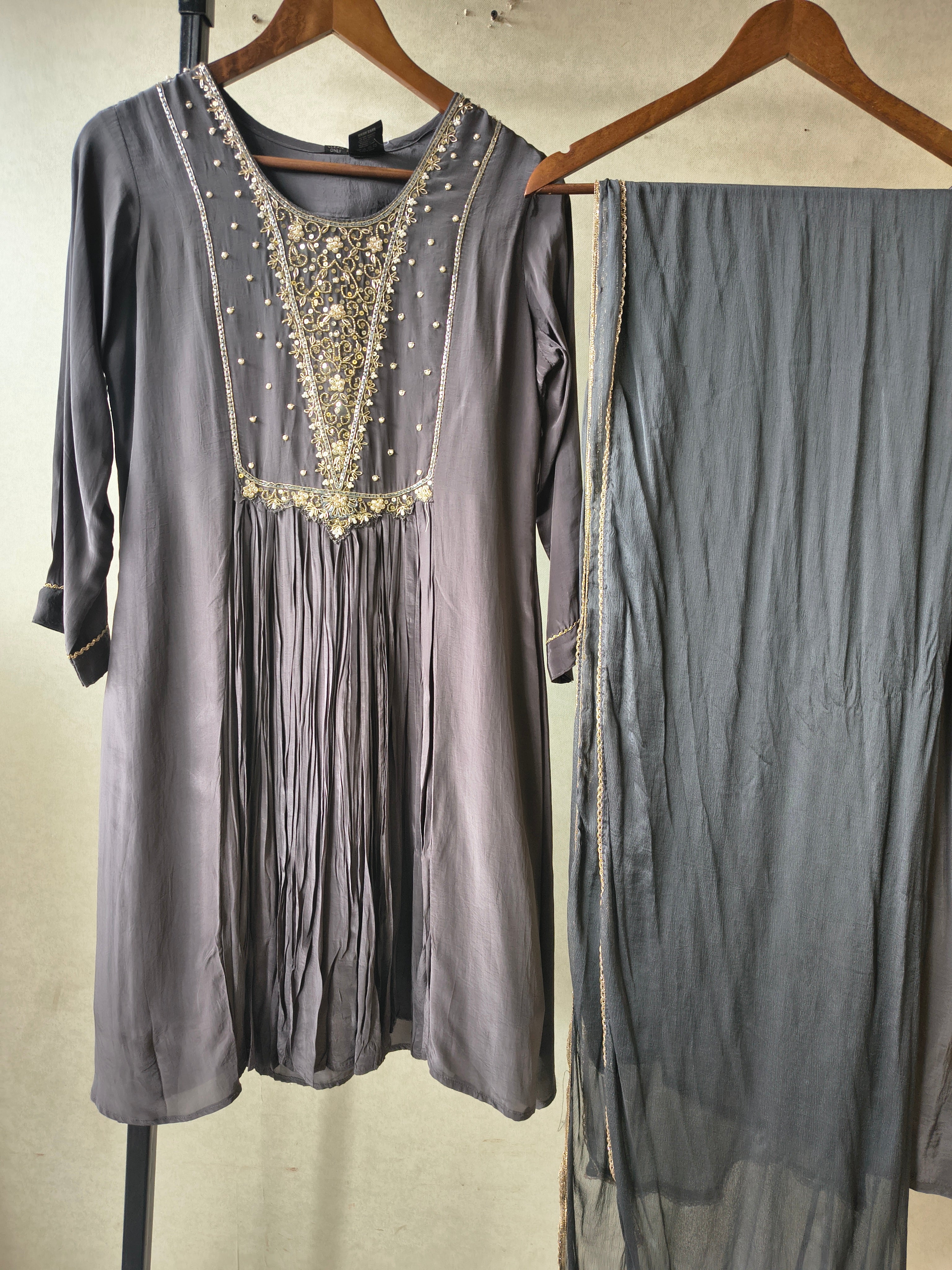 Image of Charcoal Grey Hand Embroidered Anarkali Kurta Set with Churidar Pants & Sheer Dupatta – Premium 3 Piece Festive Ensemble