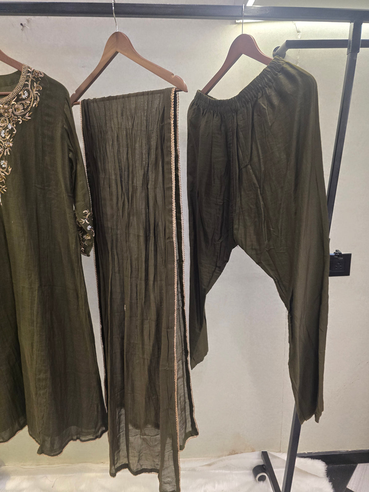 Olive Green Designer Embroidered Kurta Set with Chiffon Dupatta | Premium 3 Piece Ethnic Suit