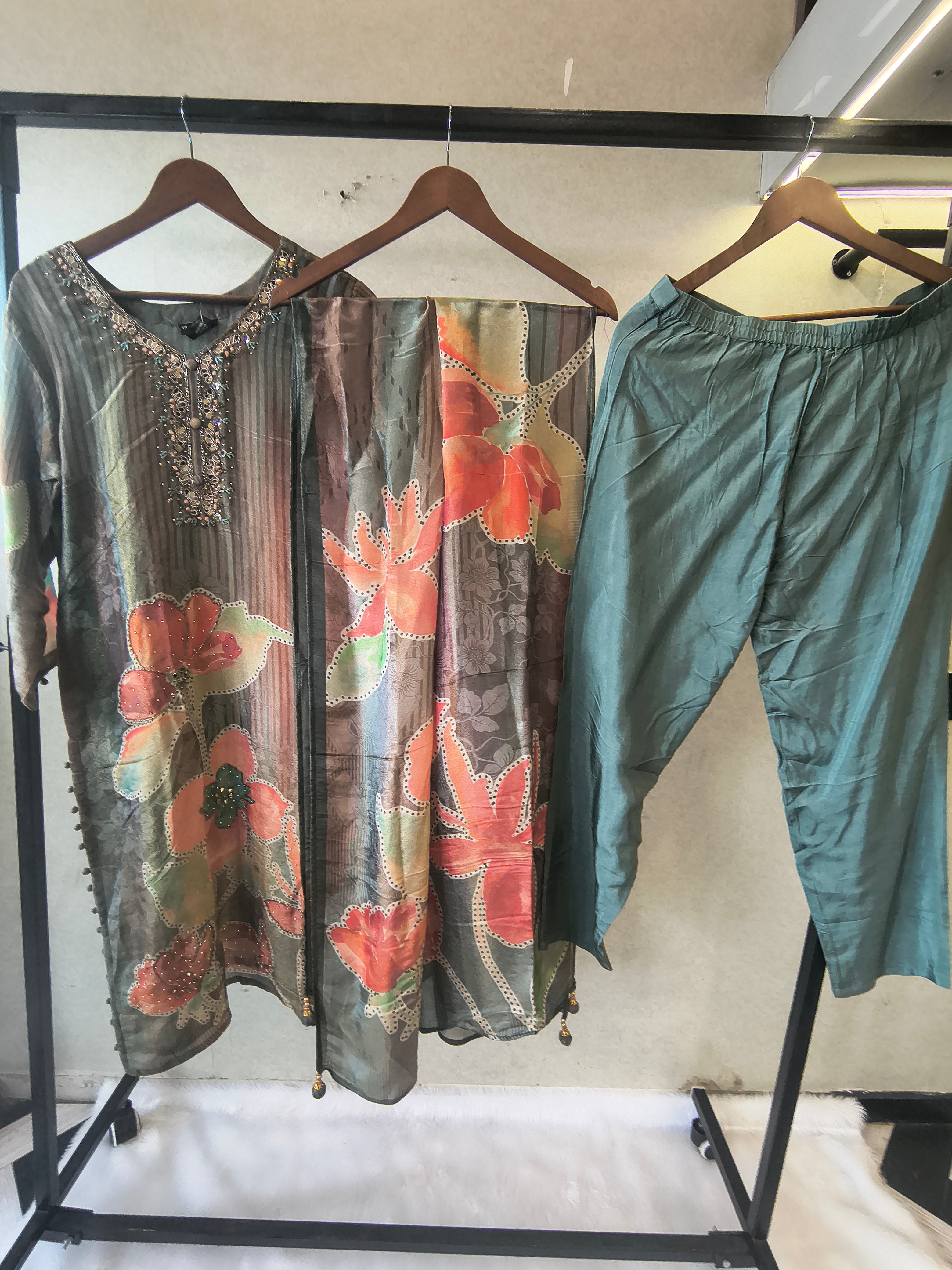 Image of Sage Green Floral Printed Designer Kurta Set with Embellished Neck & Printed Dupatta | Premium 3 Piece Ethnic Suit