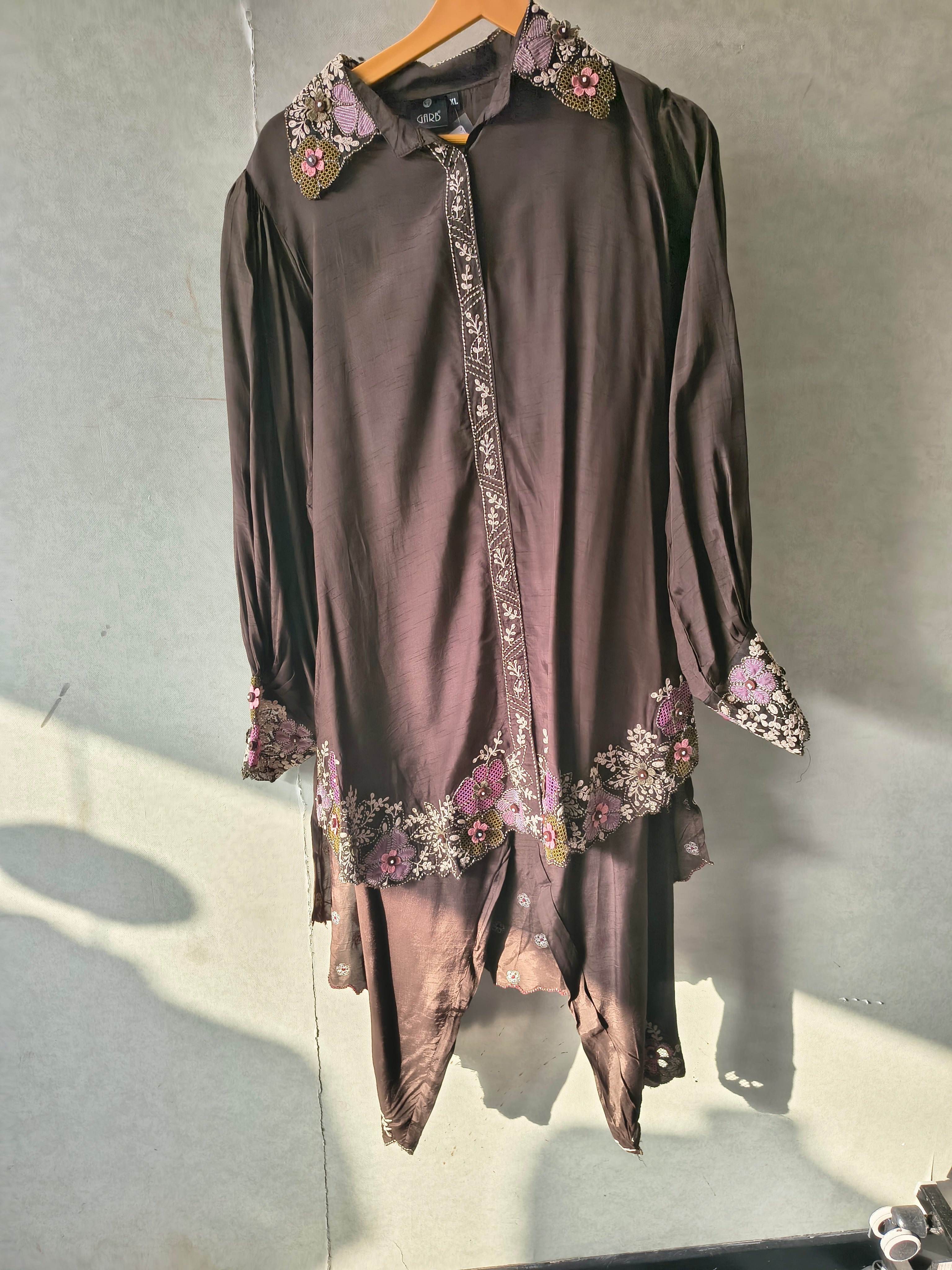 Image of Chocolate Brown Designer Embroidered Co-Ord Set with 3D Floral Appliqué & Organza Hem