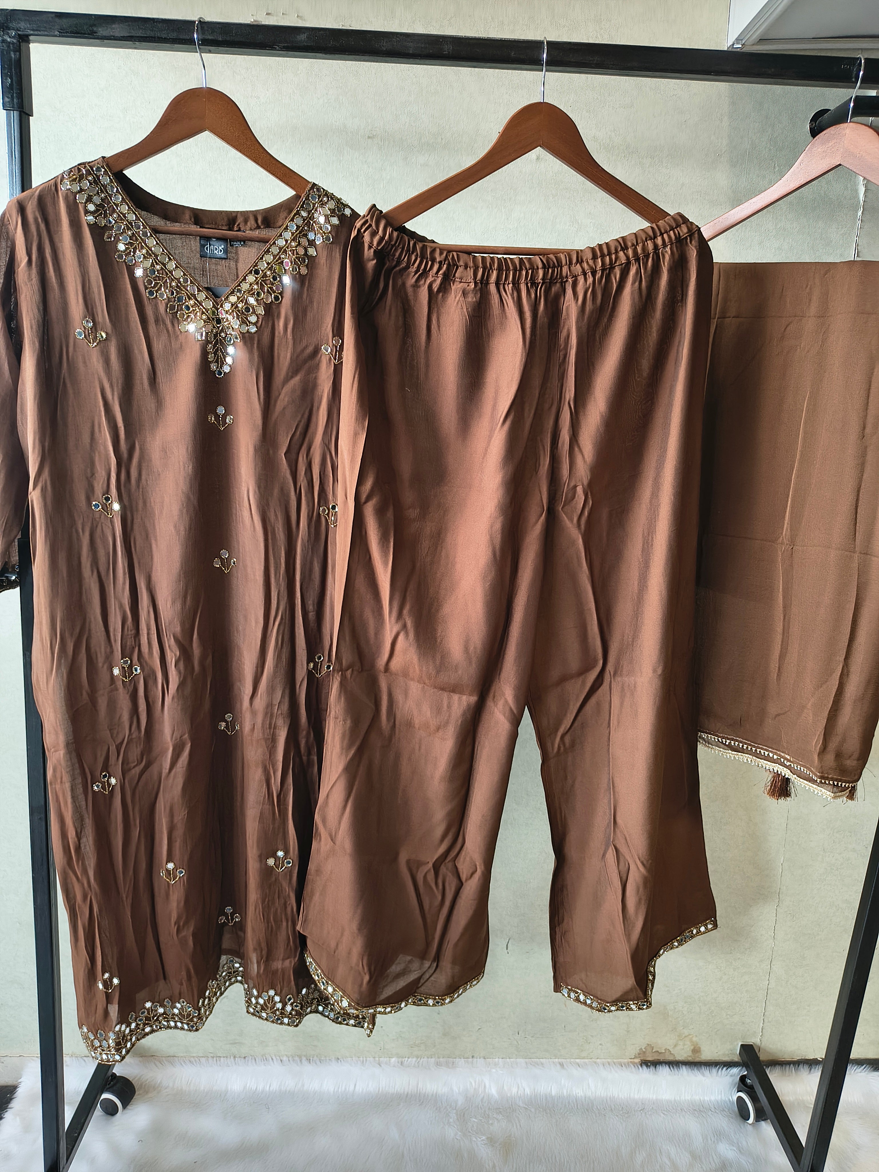 Image of Premium Chocolate Brown Embellished Kurta Set with Mirror Work & Tassel Dupatta