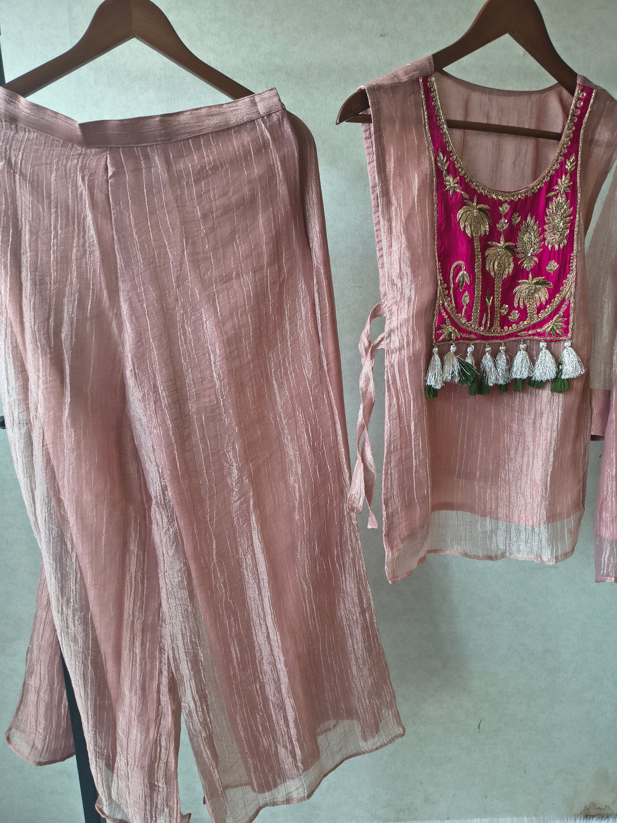 Premium Rose Gold Tissue Silk 3-Piece Co-Ord Set with Hand Embellished Jacket, Inner & Palazzo