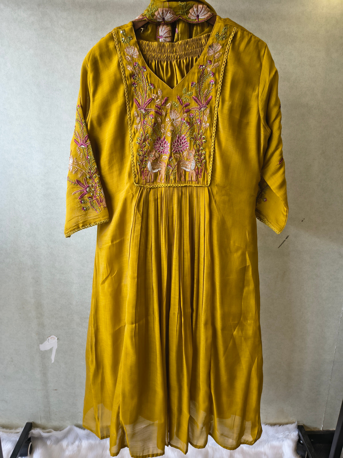 Mustard Yellow Cotton Blend 3-Piece Suit Set with Floral Embroidered Yoke & Tassel Dupatta