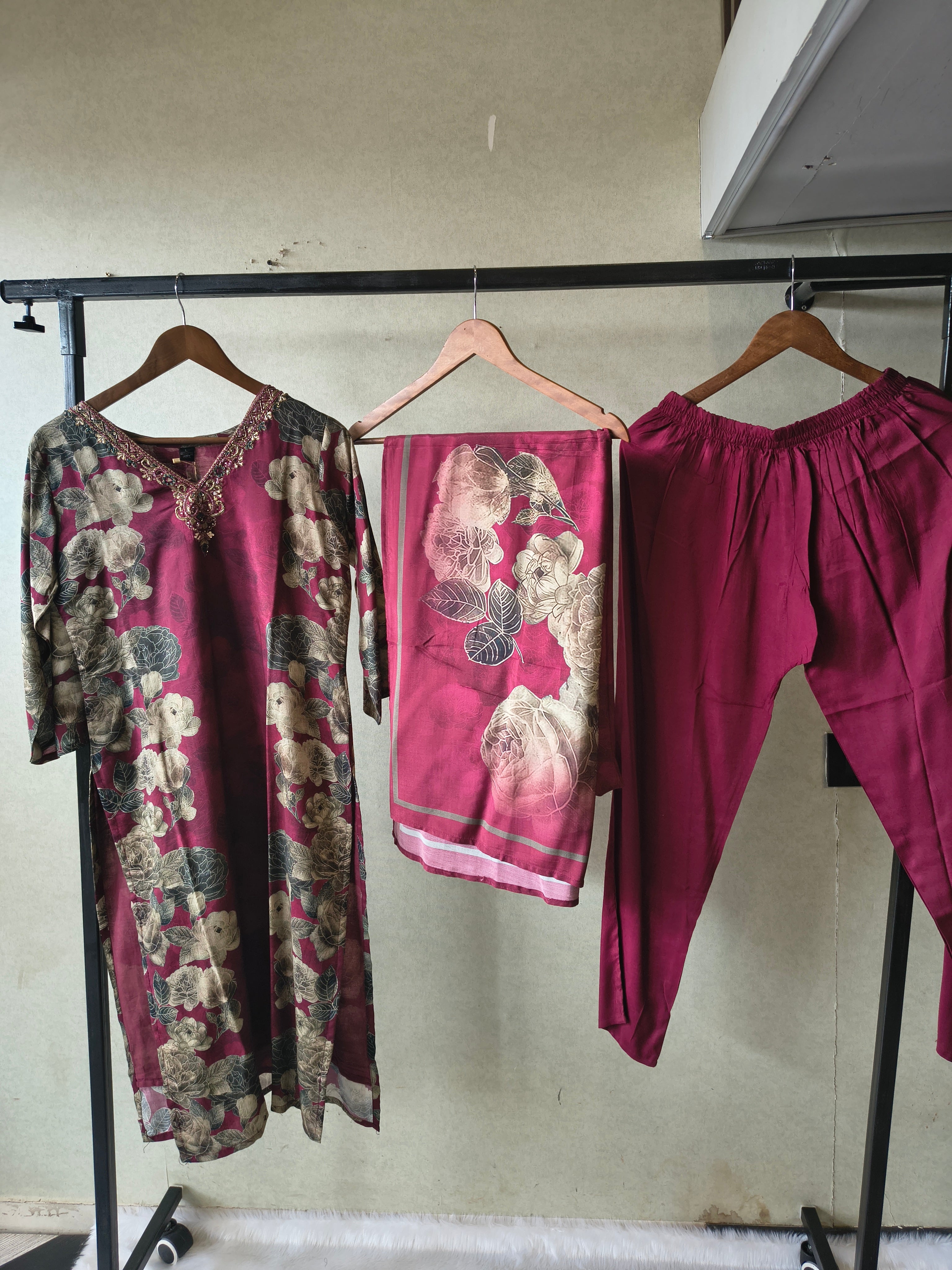 Image of Premium Wine Floral Printed Kurta Set with Solid Pants & Printed Dupatta