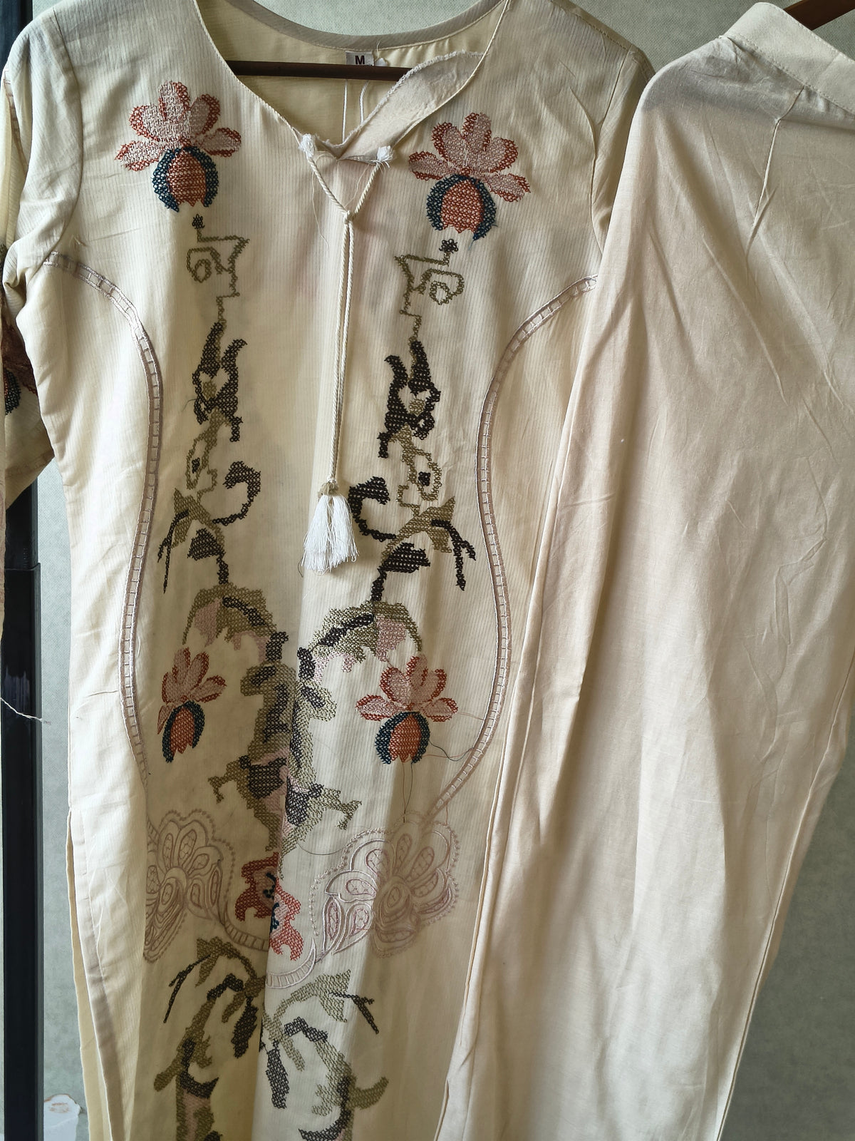 Ivory Cotton 3-Piece Suit Set with Floral Vine Embroidery & Embroidered Dupatta