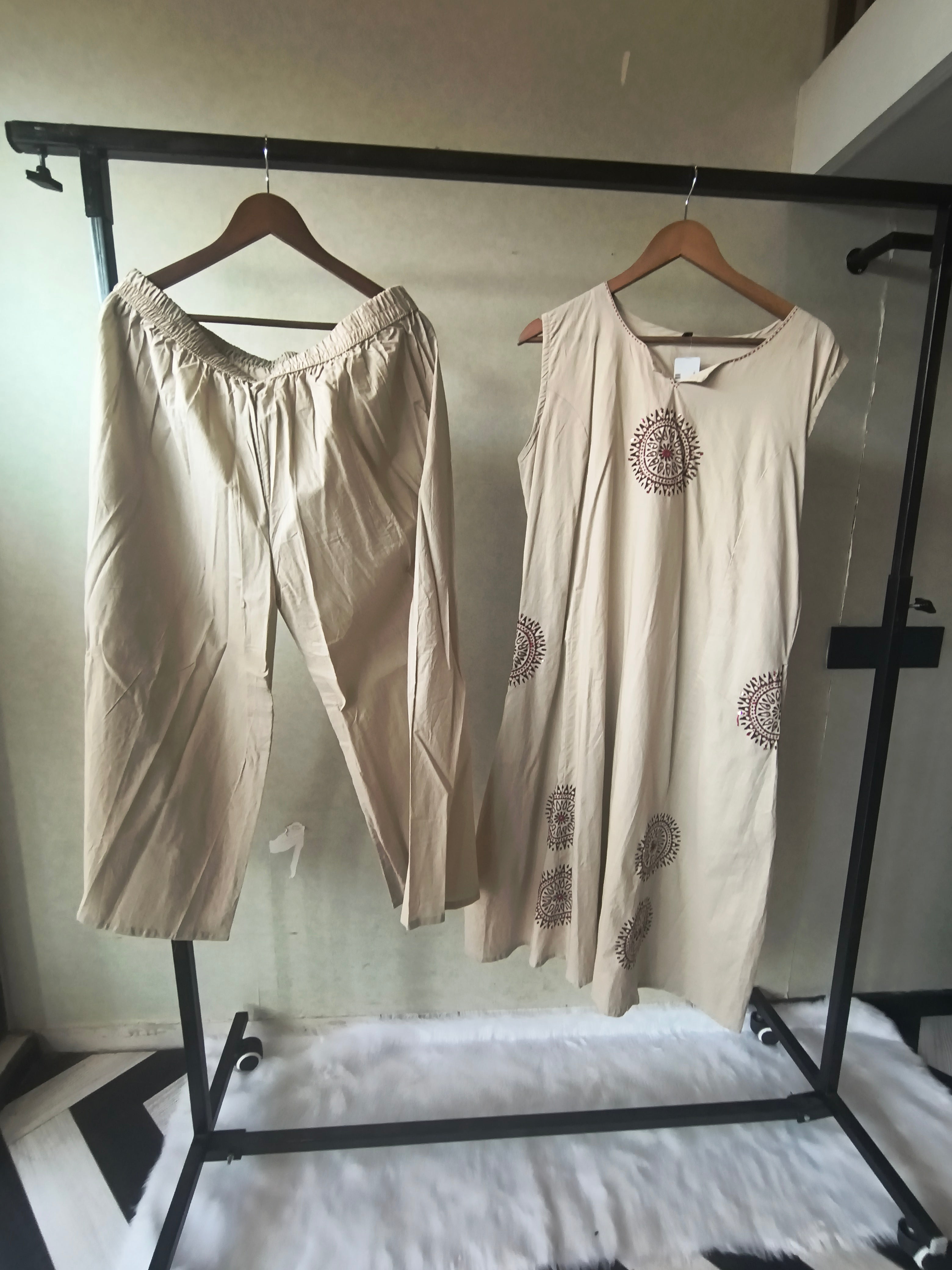 Image of Premium Beige Hand Block Motif A-Line Kurta Set with Straight Pants