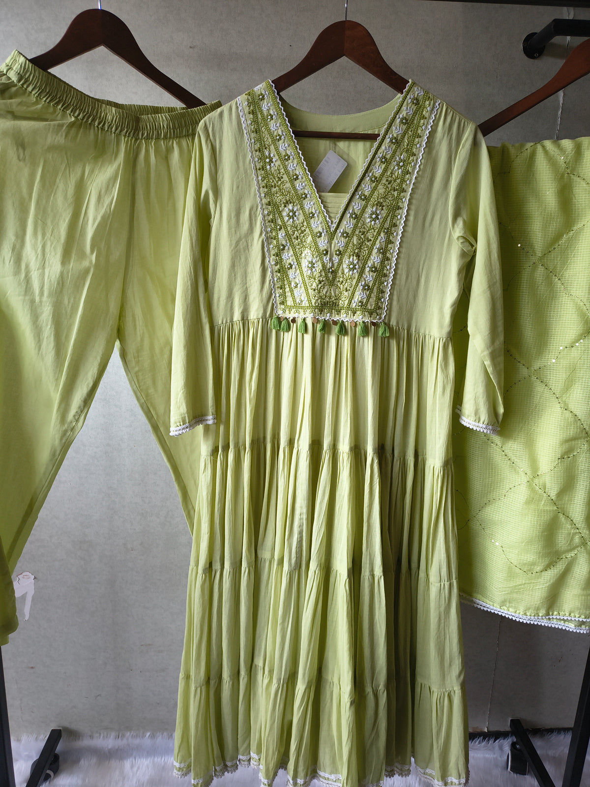 Lime Green Cotton Tiered Kurta Set with Embroidered Yoke & Quilted Dupatta