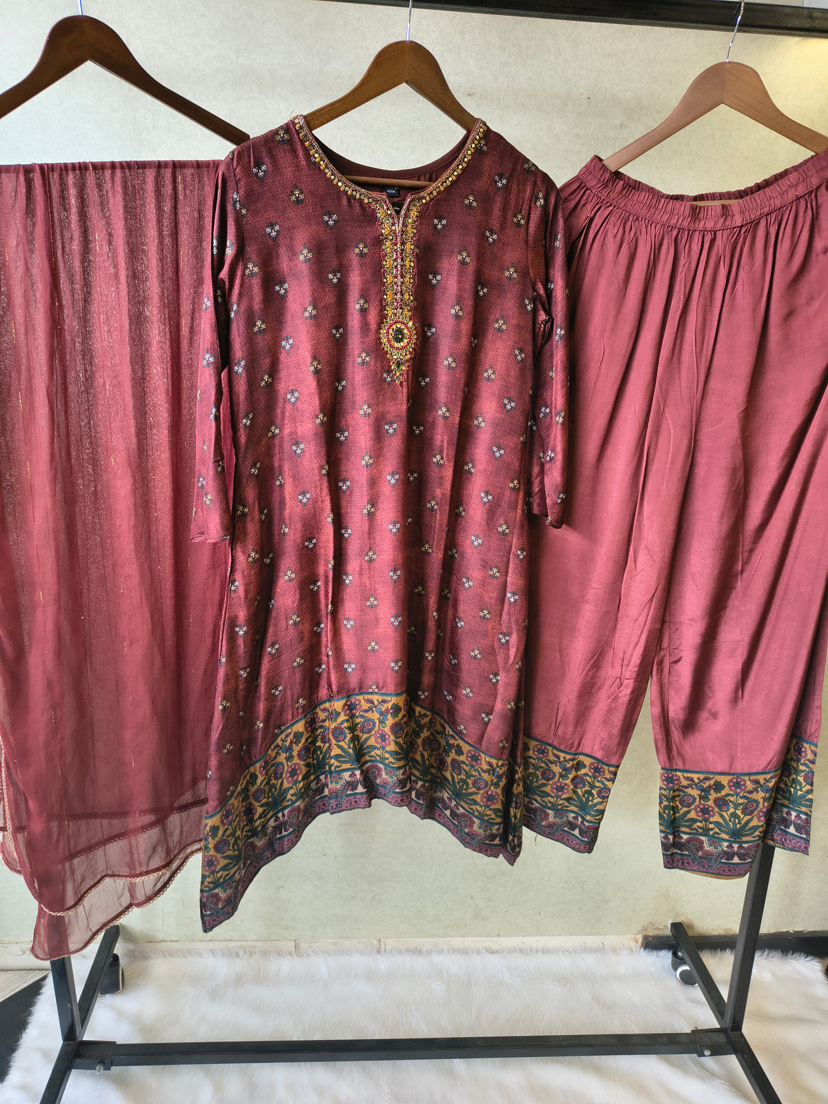 Premium Wine Floral Border Kurta with Straight Pants & Shimmer Dupatta Set