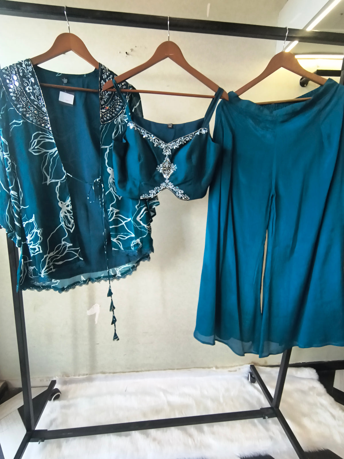 Teal Printed Shrug with Embroidered Designer Bralette & Flared Palazzo – 3 Piece Indo-Western Co-Ord Set