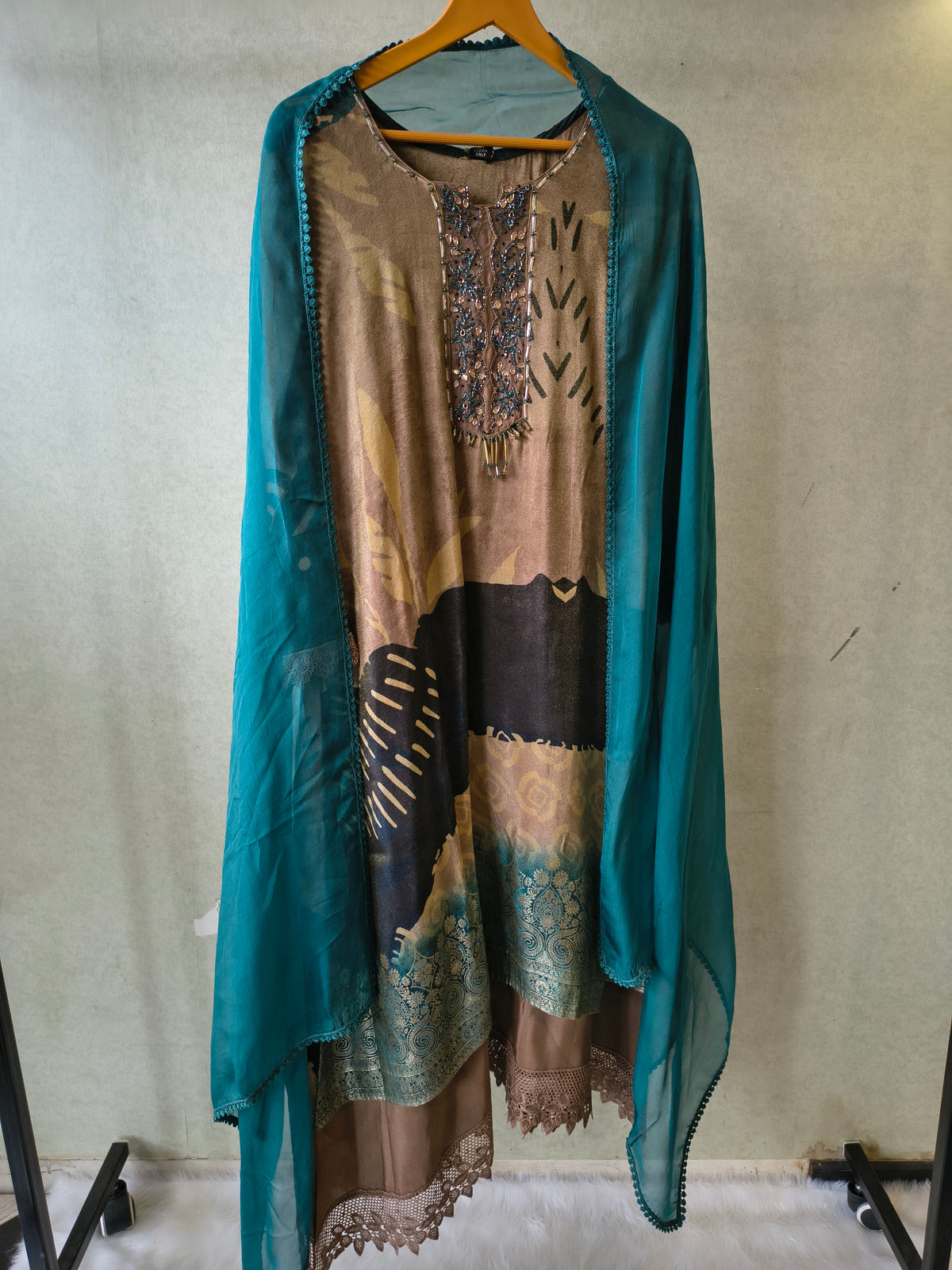 Premium Abstract Print Straight Kurta with Cigarette Pants & Dupatta Set