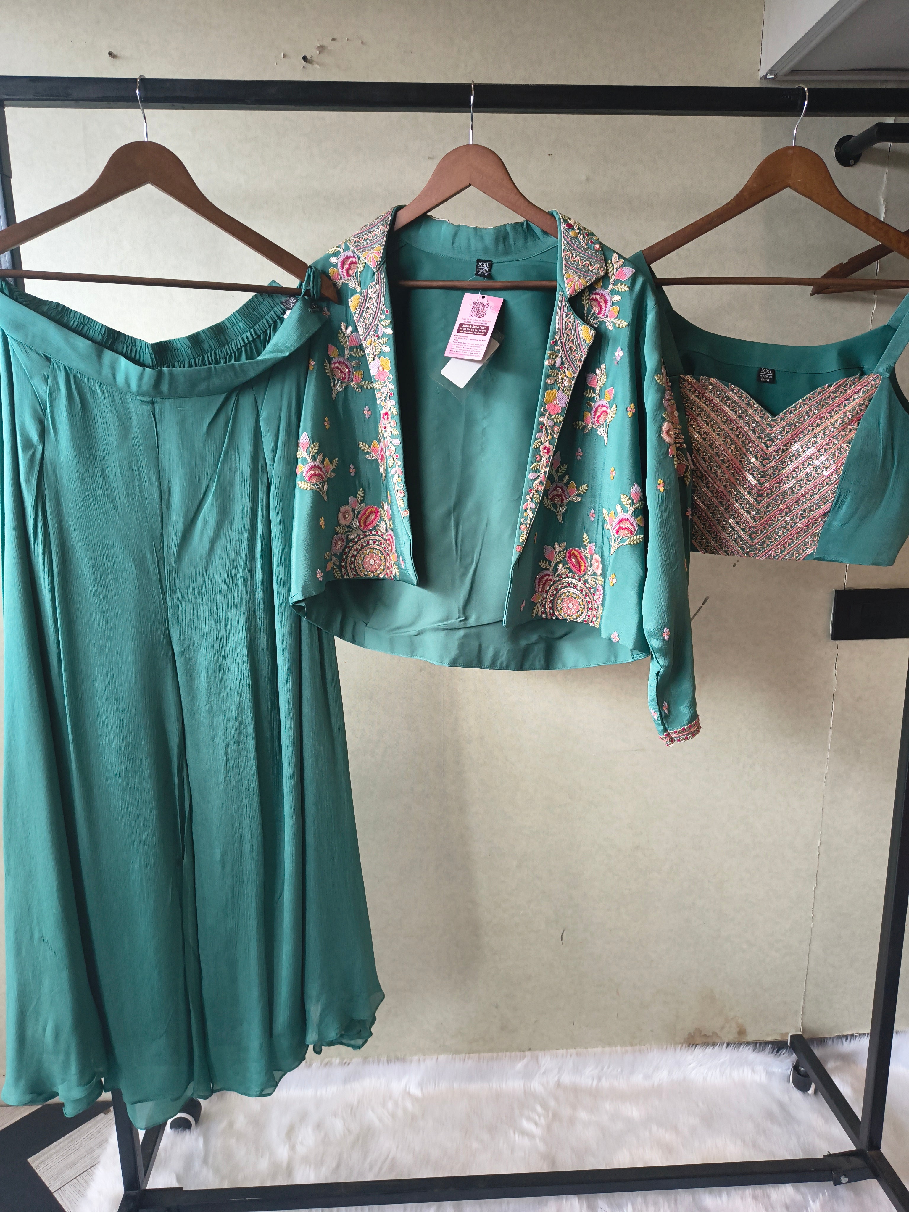 Image of Premium Emerald Green 3-Piece Designer Palazzo Set with Heavy Embroidered Jacket & Sequins Blouse
