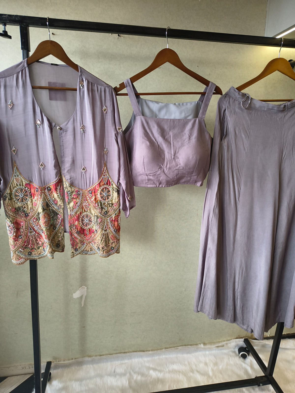 Dusty Mauve Tissue Silk Embroidered Peplum Jacket with Bustier & Flared Palazzo – 3 Piece Designer Indo-Western Set
