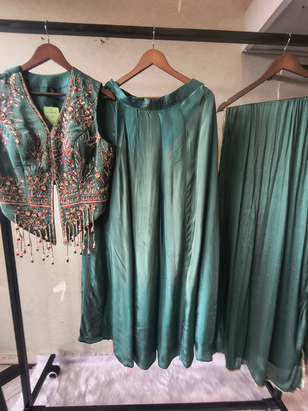Premium Emerald Green Satin Silk 3-Piece Lehenga Set with Hand Embroidered Crop Jacket & Dupatta