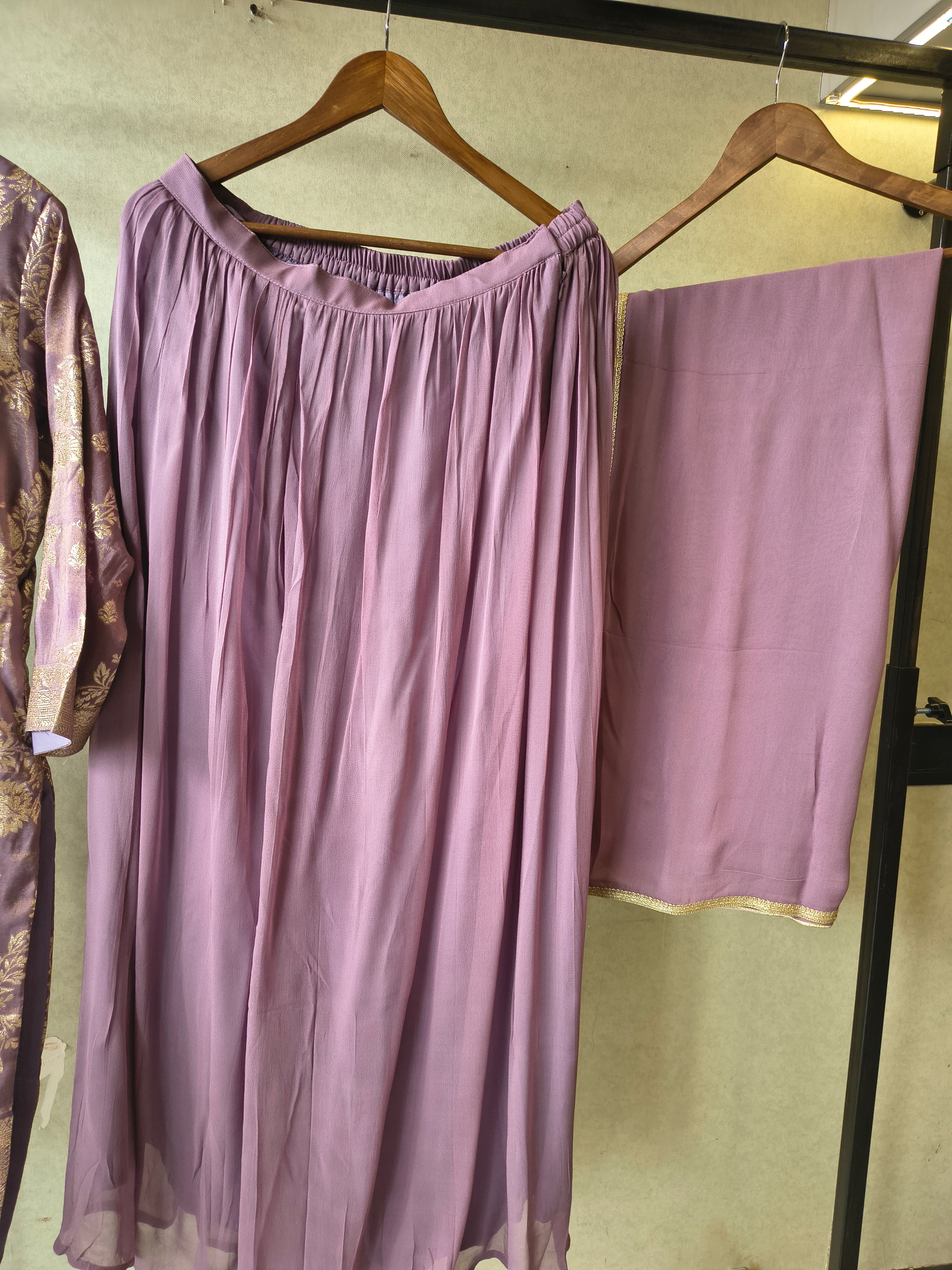 Image of Premium Lavender Jacquard Straight Kurta with Georgette Sharara & Dupatta Set