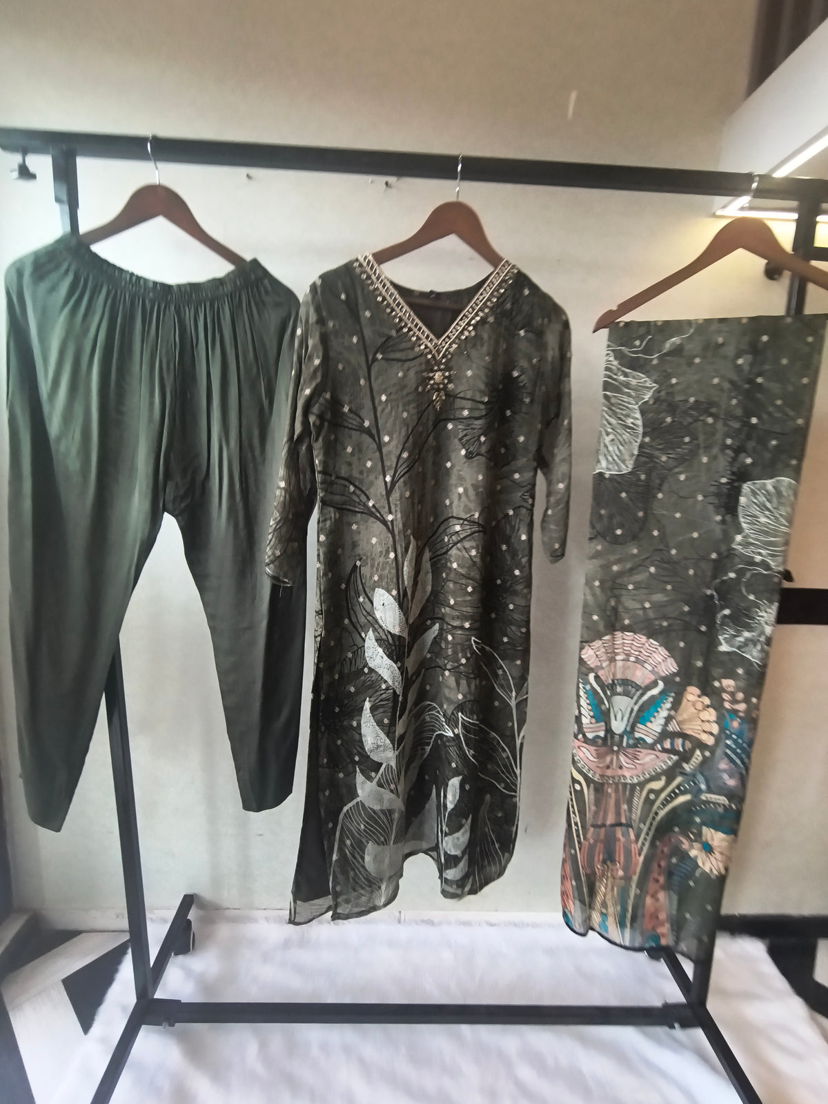 Premium Olive Botanical Print Straight Kurta with Cigarette Pants & Dupatta Set
