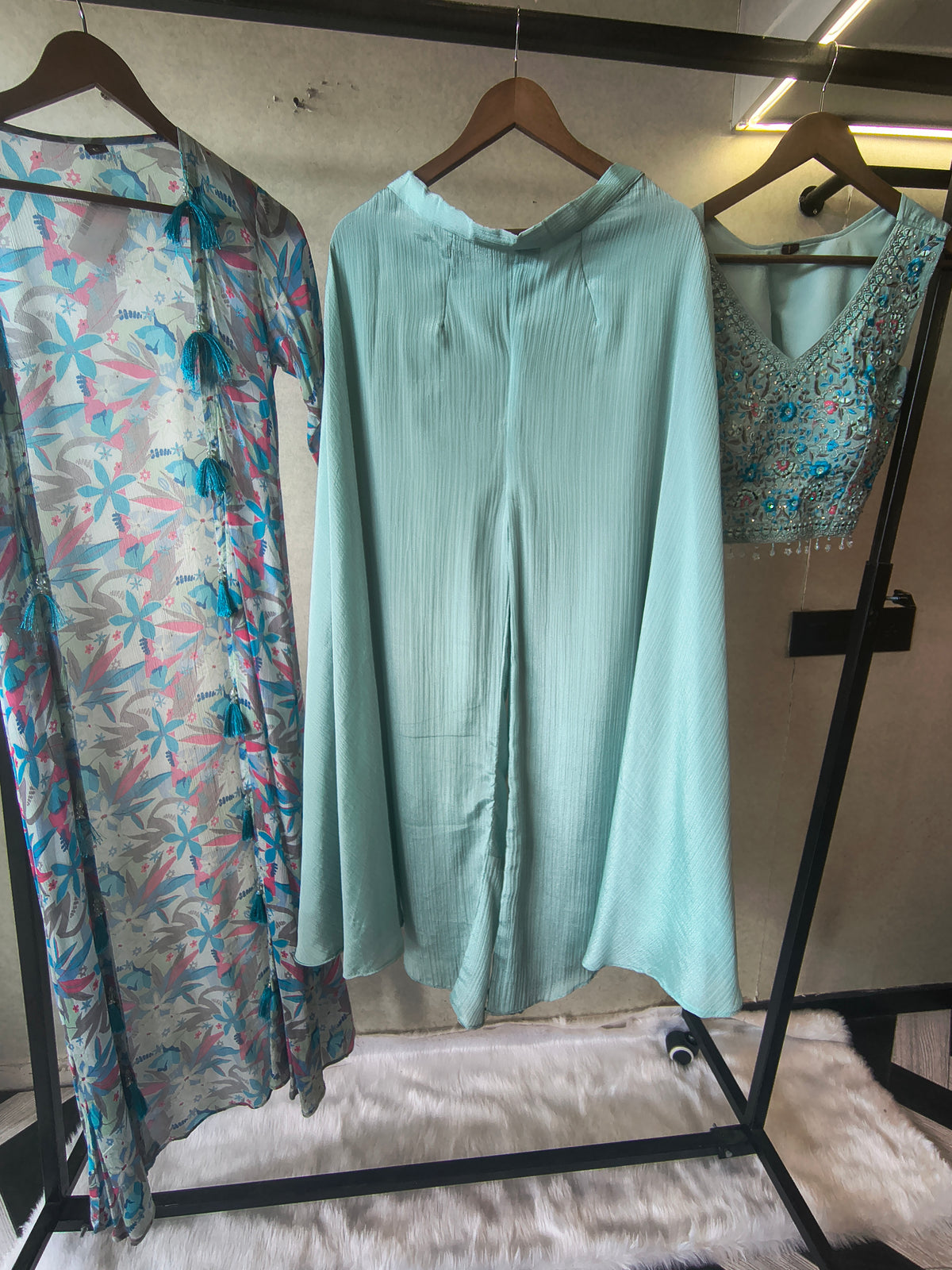 Powder Blue Mirror Embroidered Blouse with Drape Palazzo & Printed Tassel Dupatta – Designer 3 Piece Indo-Western Set